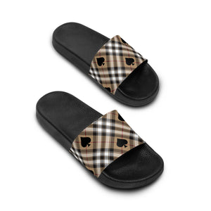  Abby Beige Ace of Spades Women's Slide Sandals, Slide Sandals for Women, Plaid Slip Ons Shoes