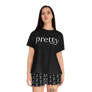  PRETTY tired Women's Two Piece Shorts Pyjama Set in black, Women's Pyjamas, Bridal PJs All Over Prints