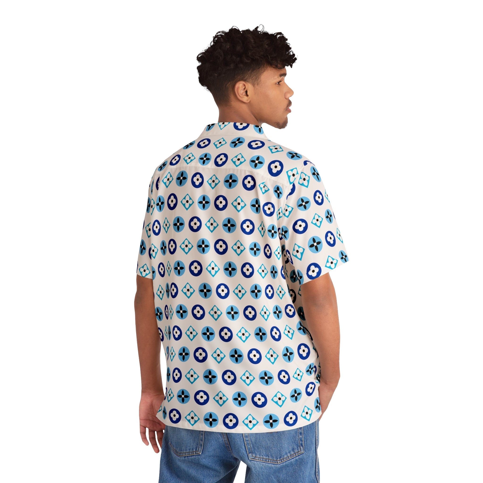  Groove Collection Trilogy of Icons Pattern (Blues) Unisex Gender Neutral White Button Up Shirt, Hawaiian Shirt Men's Shirts
