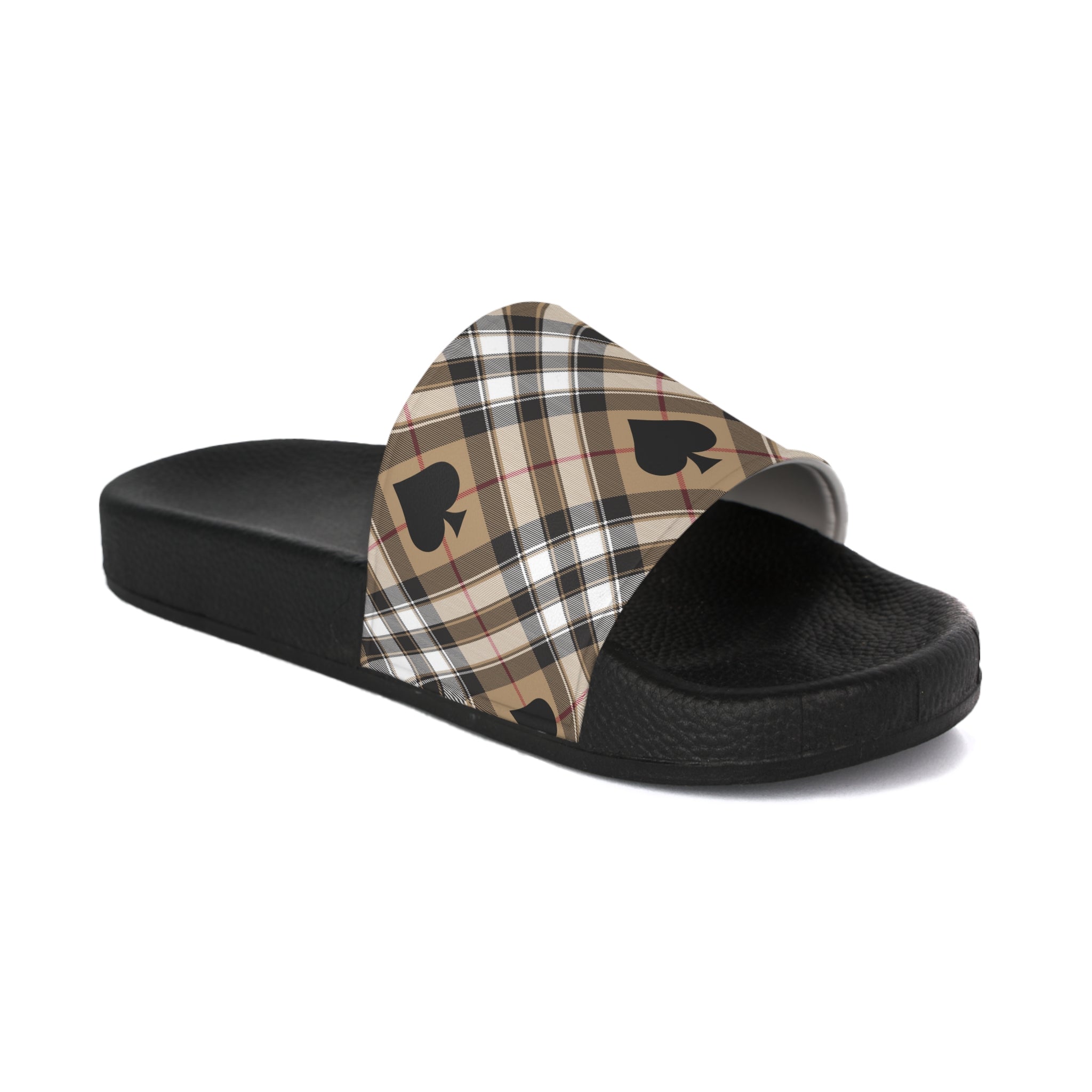  Abby Beige Ace of Spades Women's Slide Sandals, Slide Sandals for Women, Plaid Slip Ons Shoes