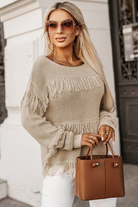 Khaki Boho Tasseled Knitted Sweater Tops  The Middle Aged Groove