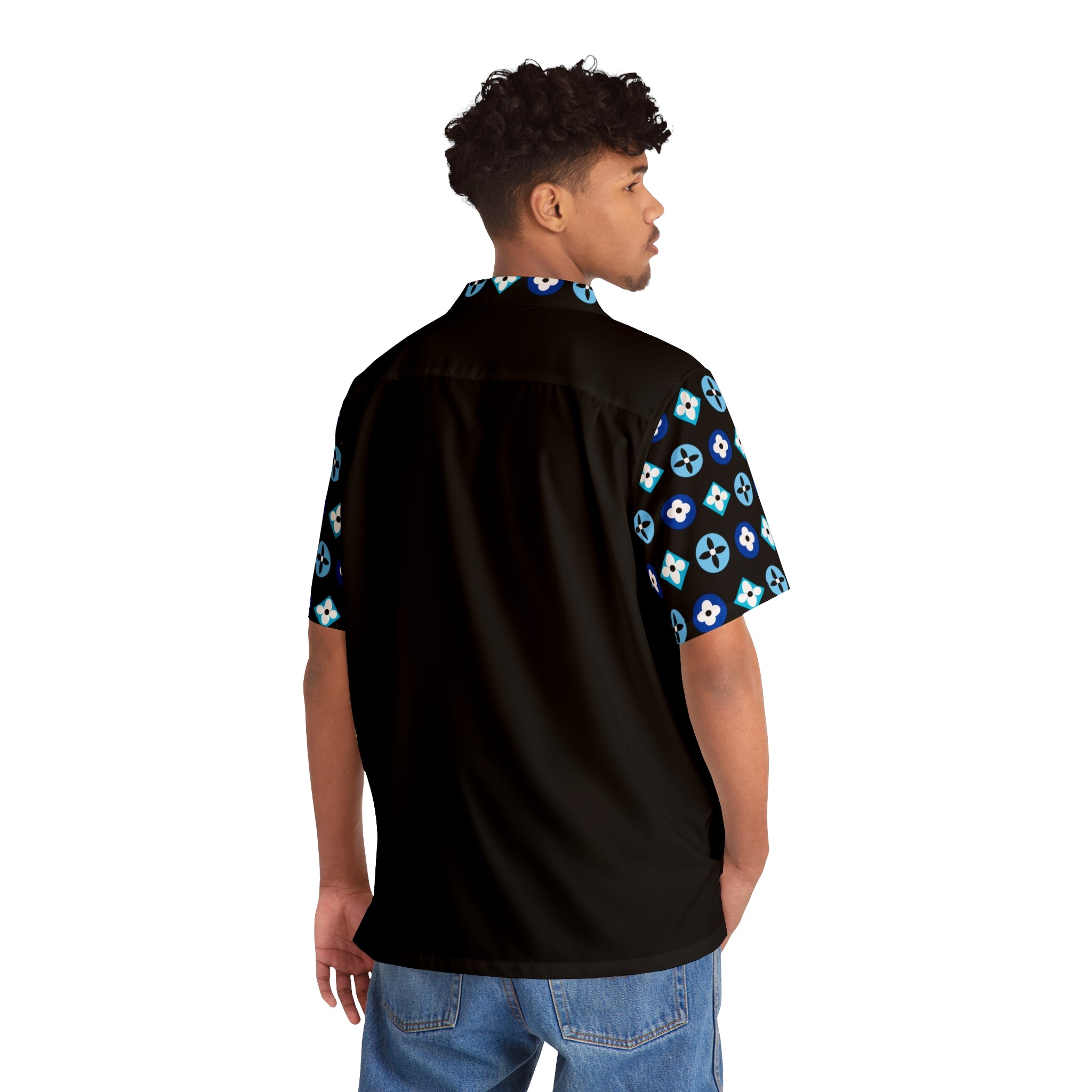  Groove Collection Trilogy of Icons Solid Block (Blues) Unisex Gender Neutral Black Button Up Shirt, Hawaiian Shirt Men's Shirts