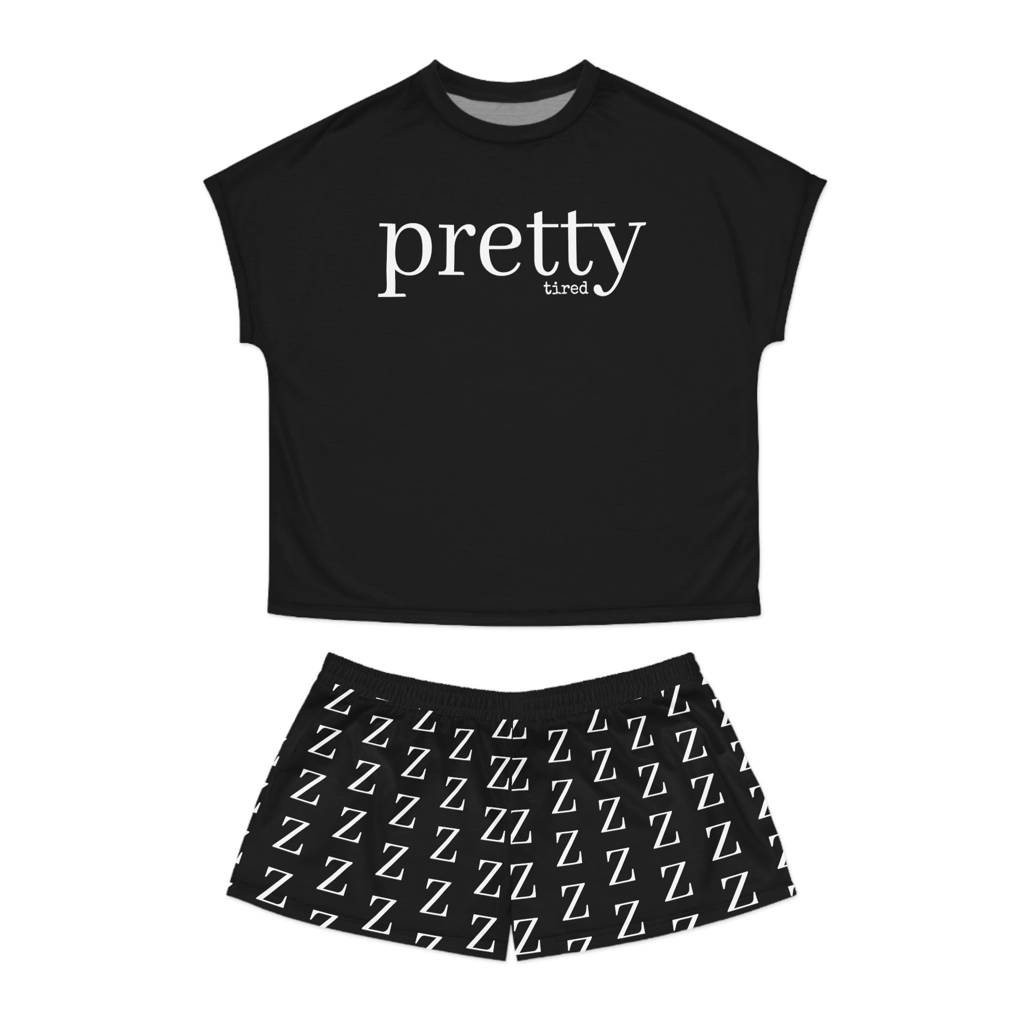  PRETTY tired Women's Two Piece Shorts Pyjama Set in black, Women's Pyjamas, Bridal PJs All Over Prints2XLBlack