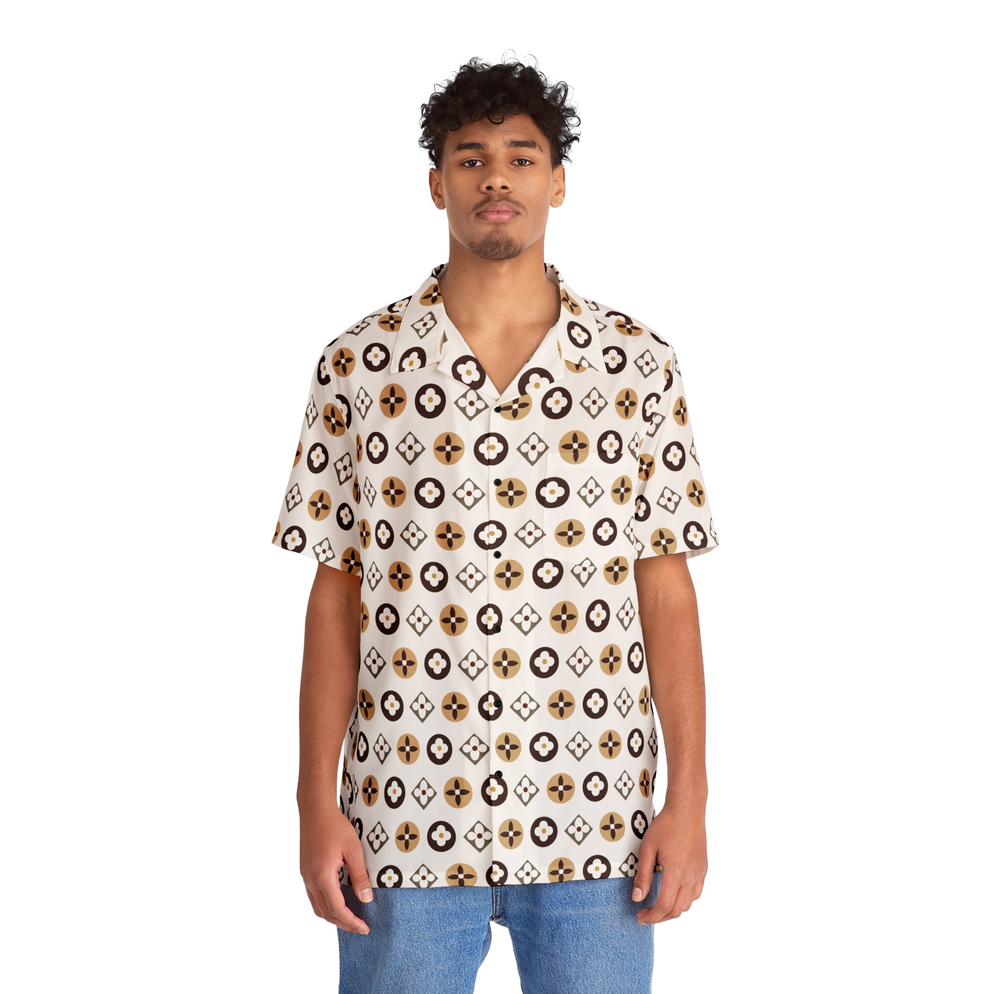  Groove Collection Trilogy of Icons Pattern (Browns) White Unisex Gender Neutral Button Up Shirt, Hawaiian Shirt Men's Shirts