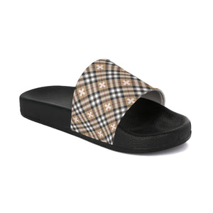  Beige Plaid Plus Sign Women's Slide Sandals, Slide Sandals for Women, Plaid Slip Ons Sandals