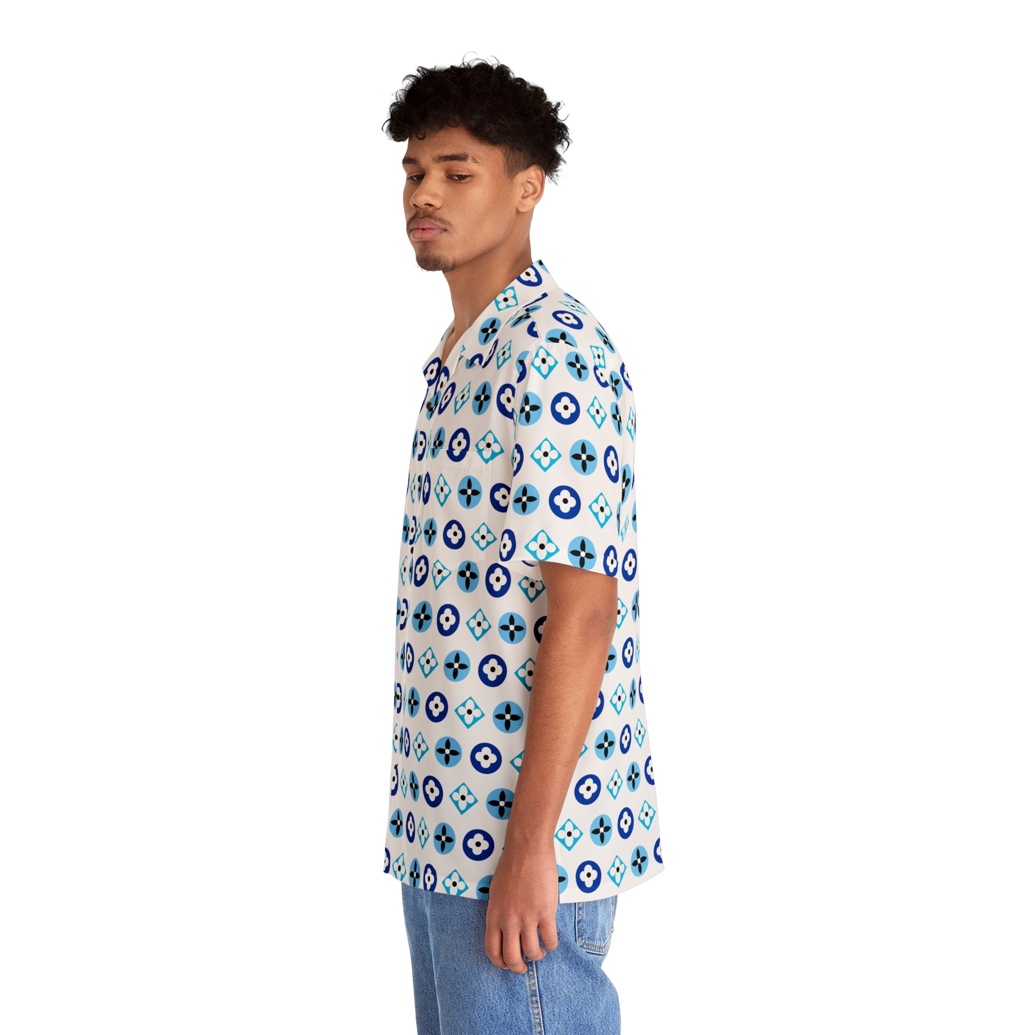  Groove Collection Trilogy of Icons Pattern (Blues) Unisex Gender Neutral White Button Up Shirt, Hawaiian Shirt Men's Shirts
