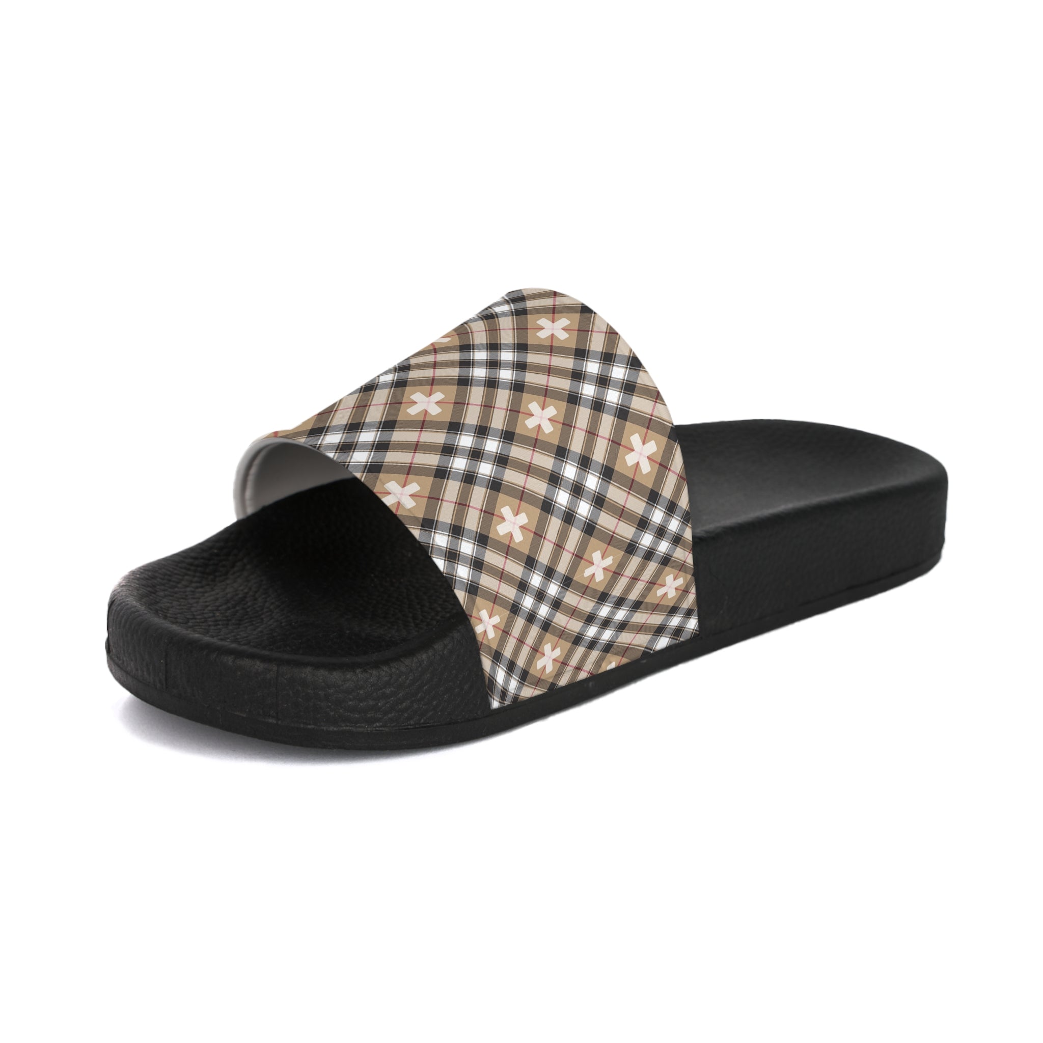  Beige Plaid Plus Sign Women's Slide Sandals, Slide Sandals for Women, Plaid Slip Ons Shoes