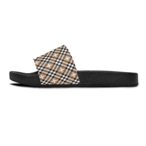  Beige Plaid Plus Sign Women's Slide Sandals, Slide Sandals for Women, Plaid Slip Ons Shoes