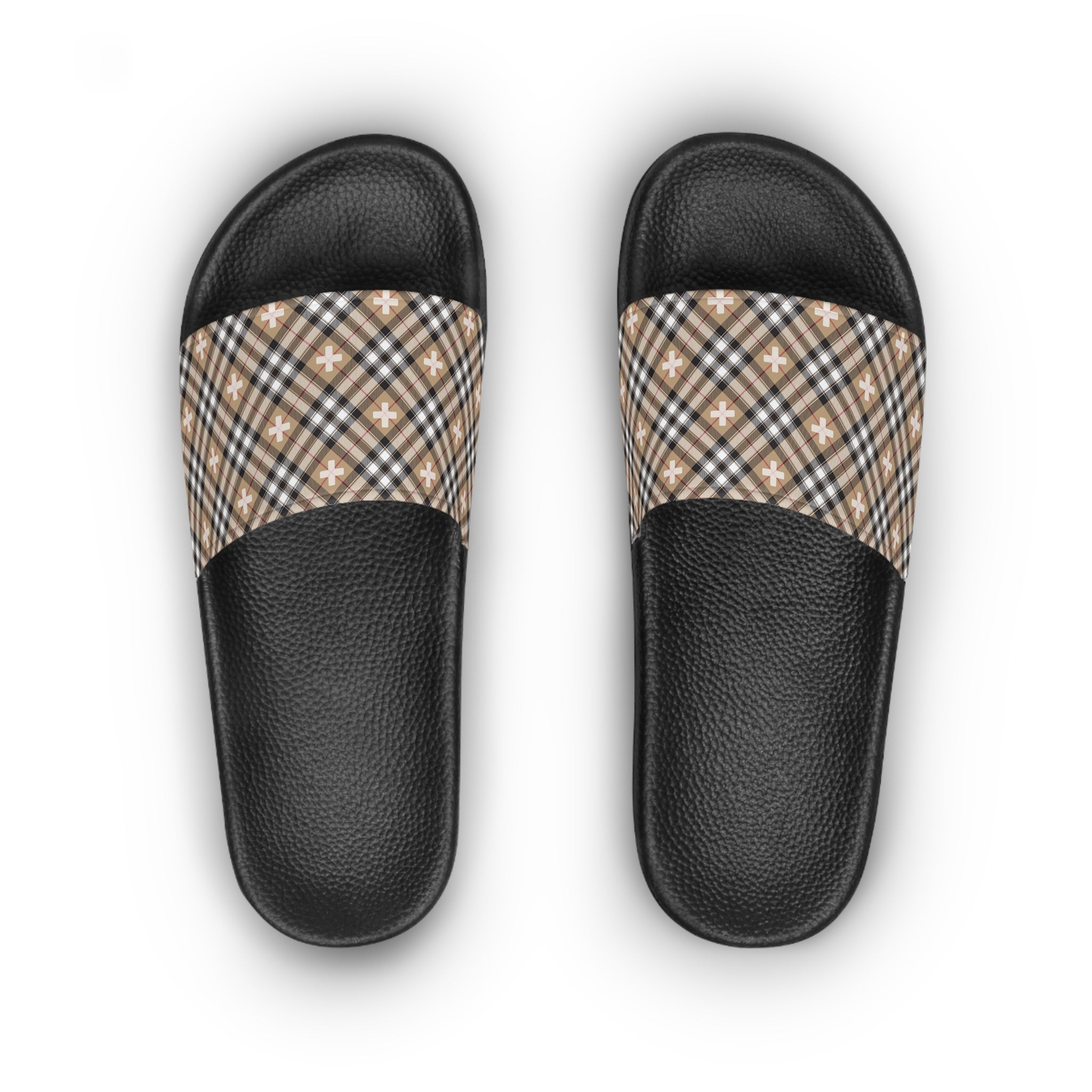  Beige Plaid Plus Sign Women's Slide Sandals, Slide Sandals for Women, Plaid Slip Ons ShoesBlacksoleUS11