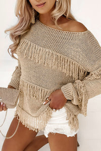 Khaki Boho Tasseled Knitted Sweater Tops  The Middle Aged Groove