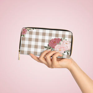  Check Mate in Beige (Pink Flower) Women's Wallet, Zipper Pouch, Coin Purse, Zippered Wallet, Cute Purse Accessories