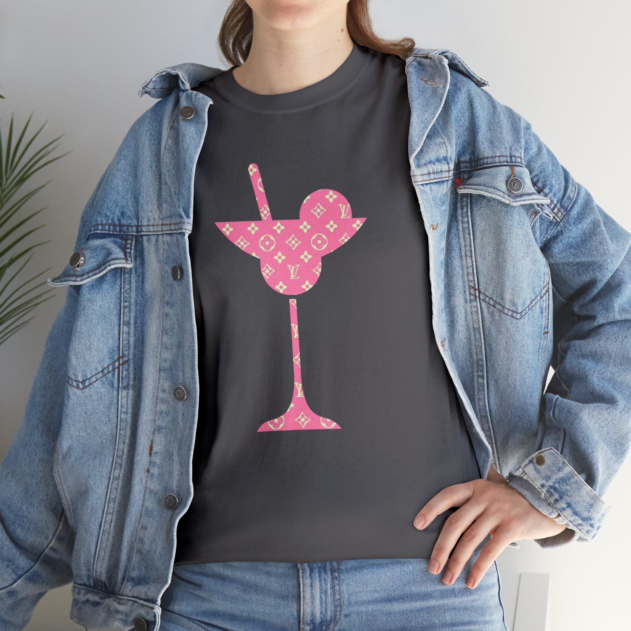  Abby Pattern in Pink and Beige Martini Glass Unisex Relaxed Fit Heavy Cotton Tee, Graphic Loose Fit Tshirt T-Shirt