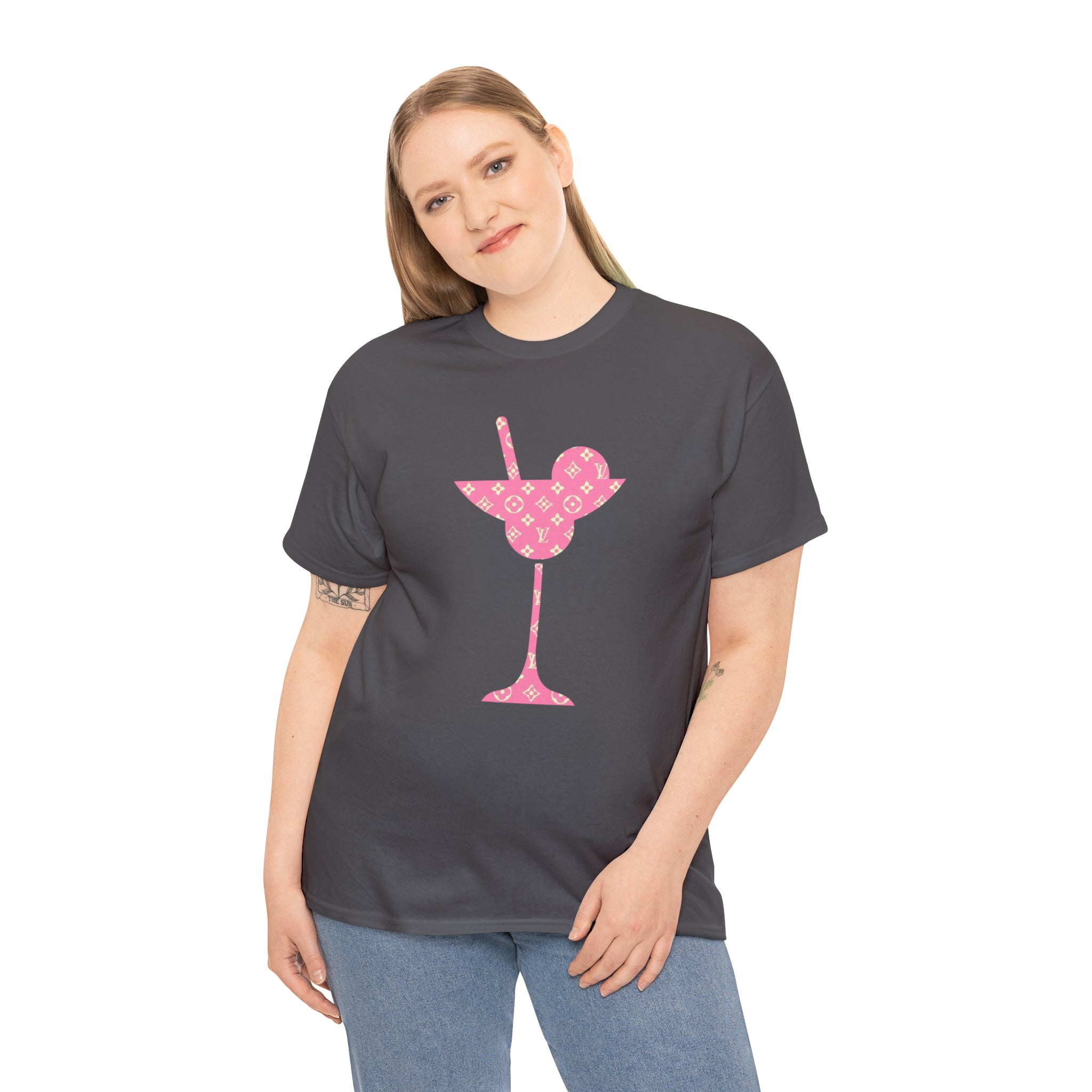  Abby Pattern in Pink and Beige Martini Glass Unisex Relaxed Fit Heavy Cotton Tee, Graphic Loose Fit Tshirt T-Shirt