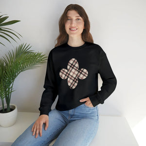  Beige Plaid Pattern Flower with Sleeve Print Unisex Heavy Blend Sweatshirt, Heavy Blend Pullover, Trendy Sweater Sweatshirt
