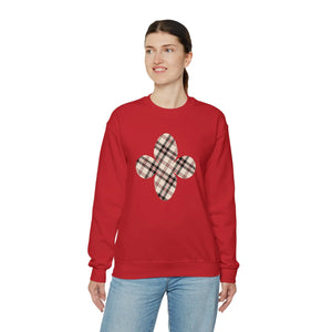  Beige Plaid Pattern Flower with Sleeve Print Unisex Heavy Blend Sweatshirt, Heavy Blend Pullover, Trendy Sweater Sweatshirt