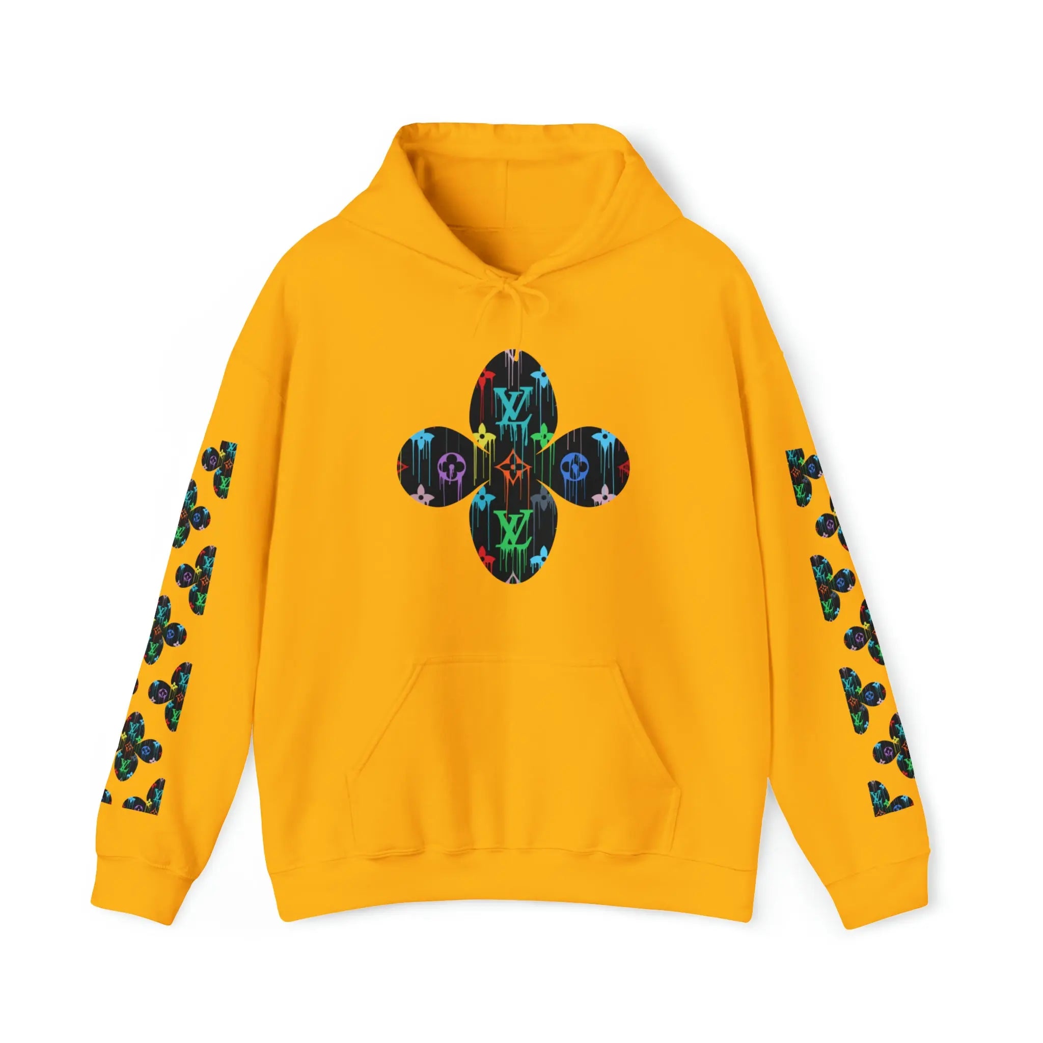  Multi-Colour Dripping Icons Flower with Sleeve Print Unisex Heavy Blend Hooded Sweatshirt HoodieGold5XL