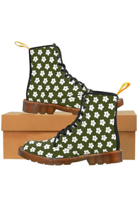 JUST BLOOM (White Bloom Pattern) Army Green Women's Canvas Boots - The Middle Aged Groove