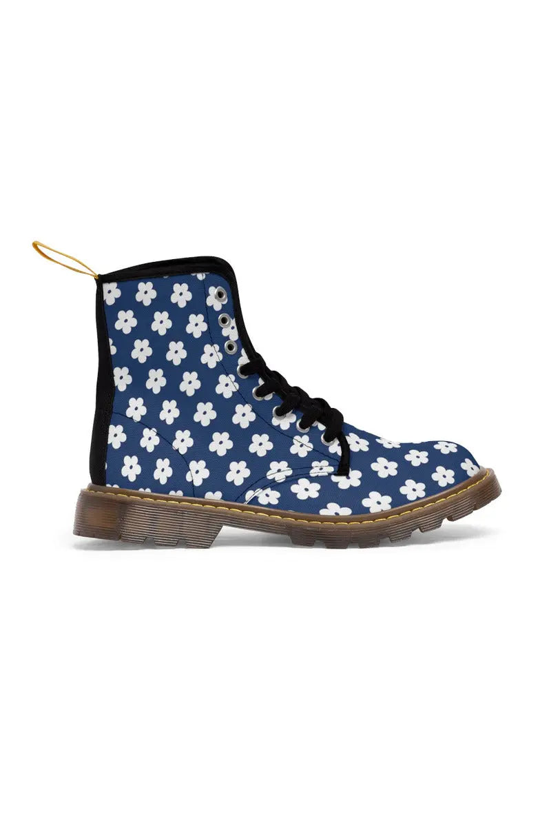 JUST BLOOM (White Bloom Pattern) Navy Blue Women's Canvas Boots - The Middle Aged Groove