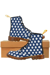 JUST BLOOM (White Bloom Pattern) Navy Blue Women's Canvas Boots - The Middle Aged Groove