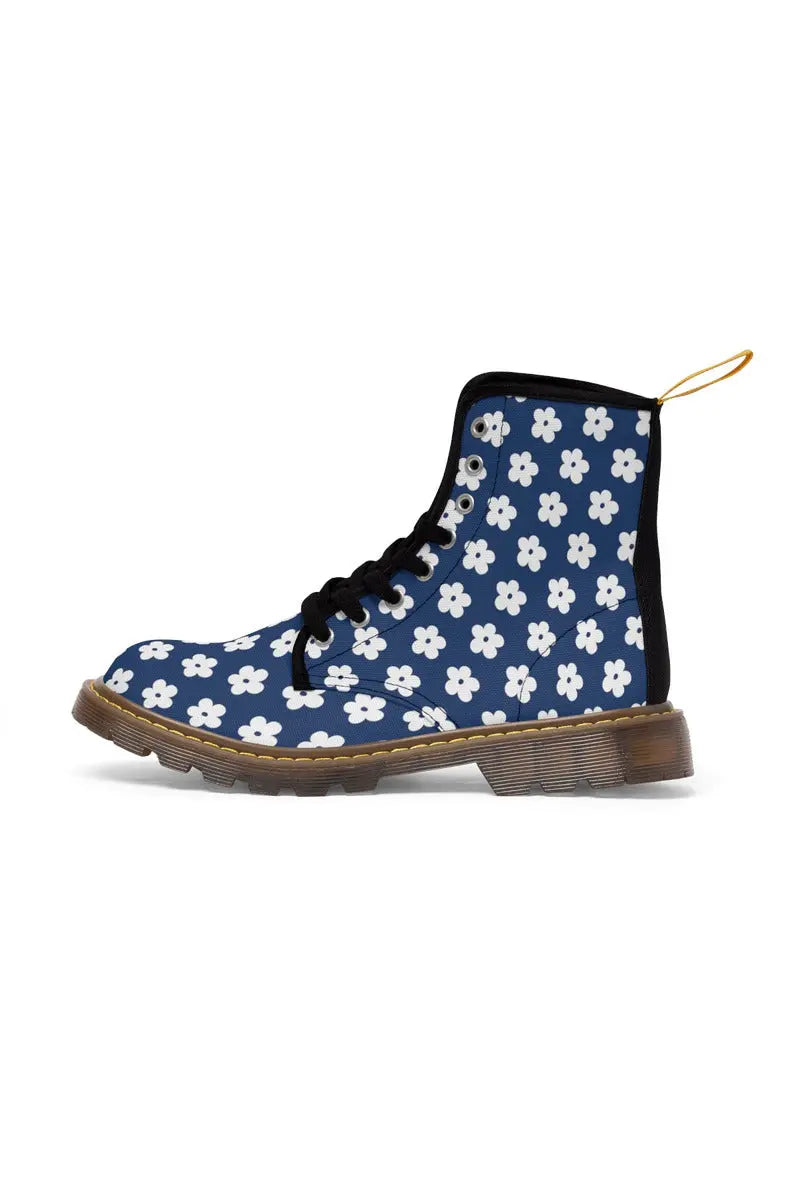 JUST BLOOM (White Bloom Pattern) Navy Blue Women's Canvas Boots - The Middle Aged Groove