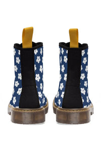 JUST BLOOM (White Bloom Pattern) Navy Blue Women's Canvas Boots - The Middle Aged Groove