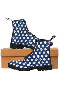 JUST BLOOM (White Bloom Pattern) Navy Blue Women's Canvas Boots - The Middle Aged Groove