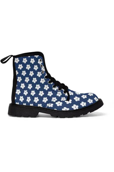 JUST BLOOM (White Bloom Pattern) Navy Blue Women's Canvas Boots - The Middle Aged Groove