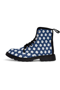 JUST BLOOM (White Bloom Pattern) Navy Blue Women's Canvas Boots - The Middle Aged Groove