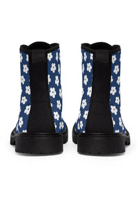 JUST BLOOM (White Bloom Pattern) Navy Blue Women's Canvas Boots - The Middle Aged Groove