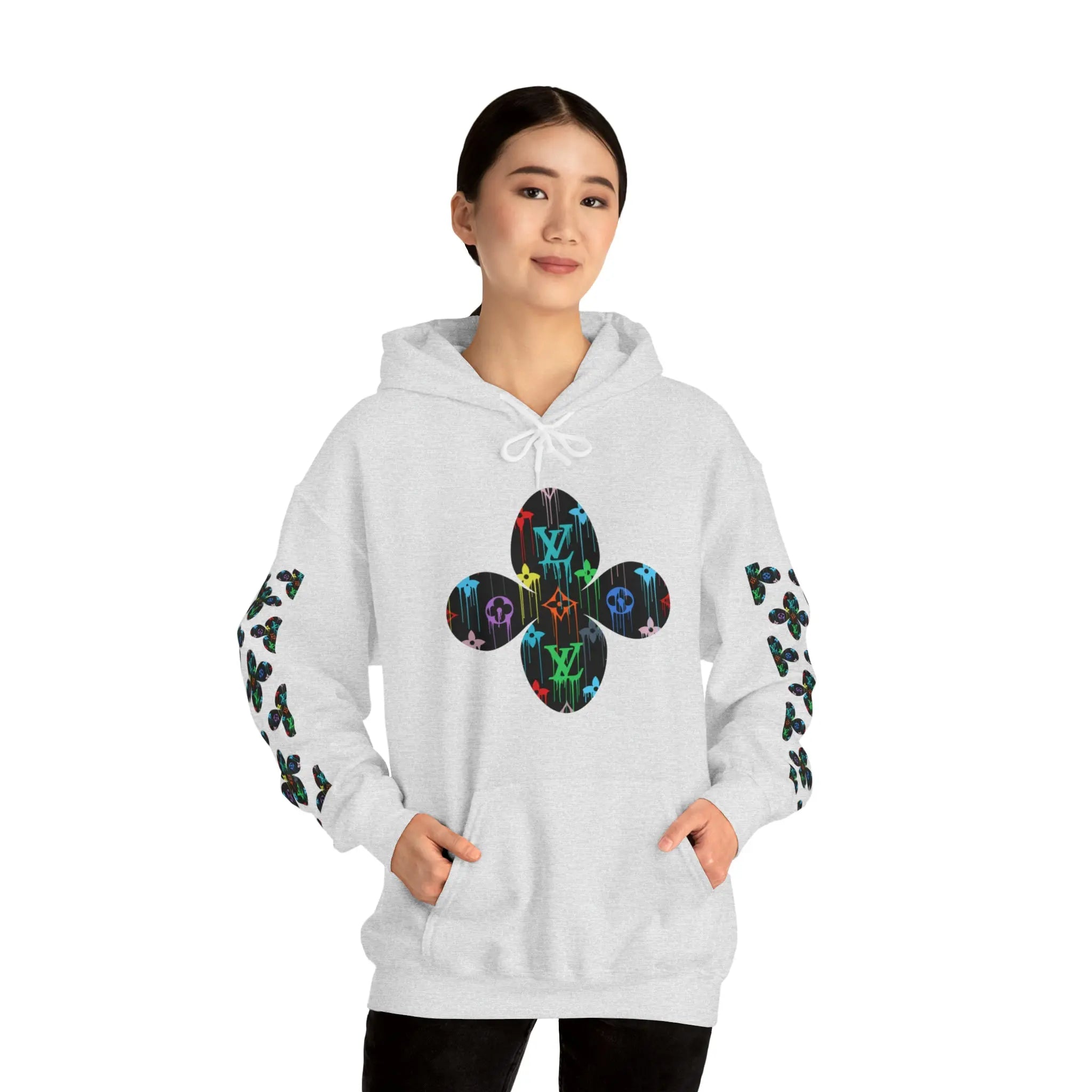  Multi-Colour Dripping Icons Flower with Sleeve Print Unisex Heavy Blend Hooded Sweatshirt Hoodie