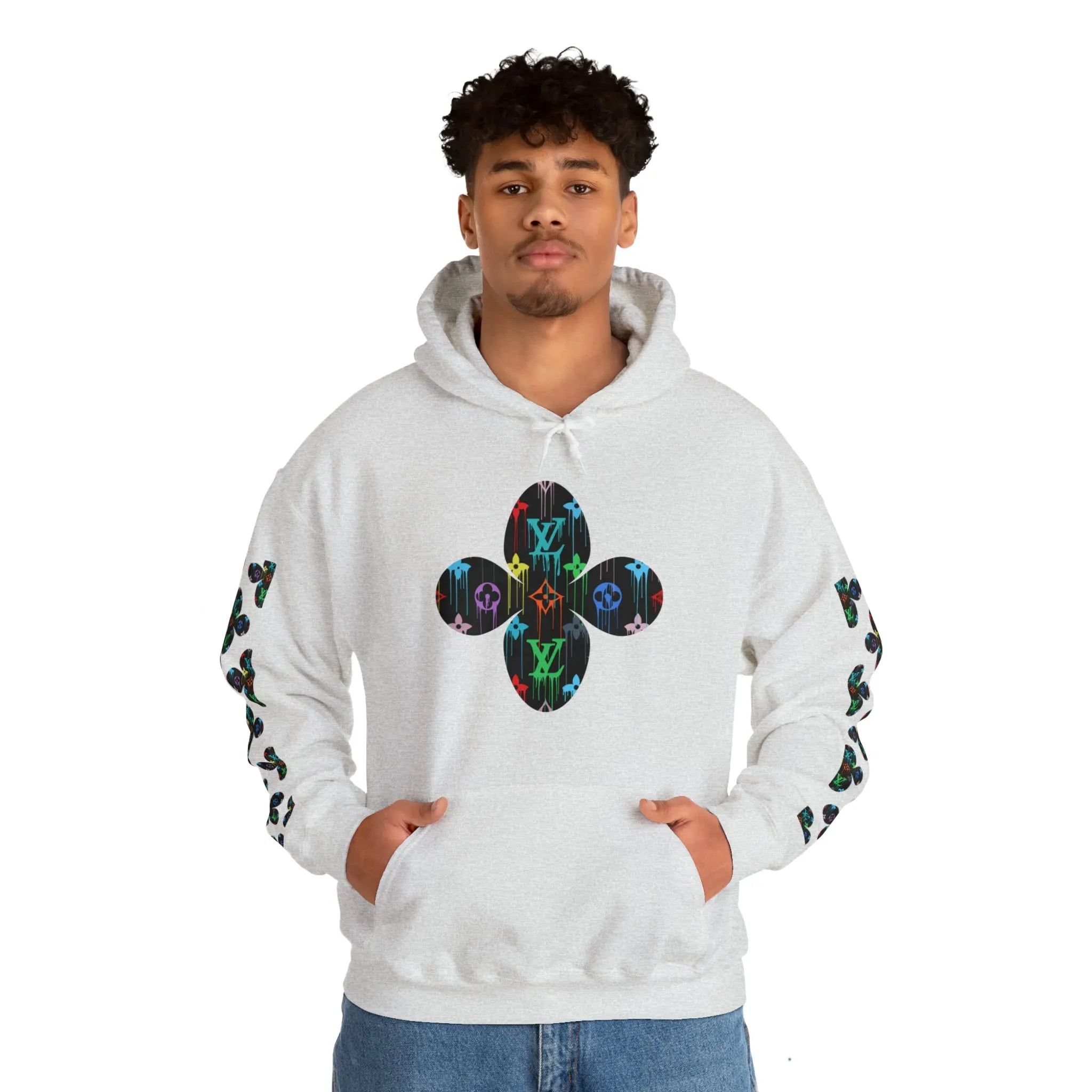  Multi-Colour Dripping Icons Flower with Sleeve Print Unisex Heavy Blend Hooded Sweatshirt Hoodie