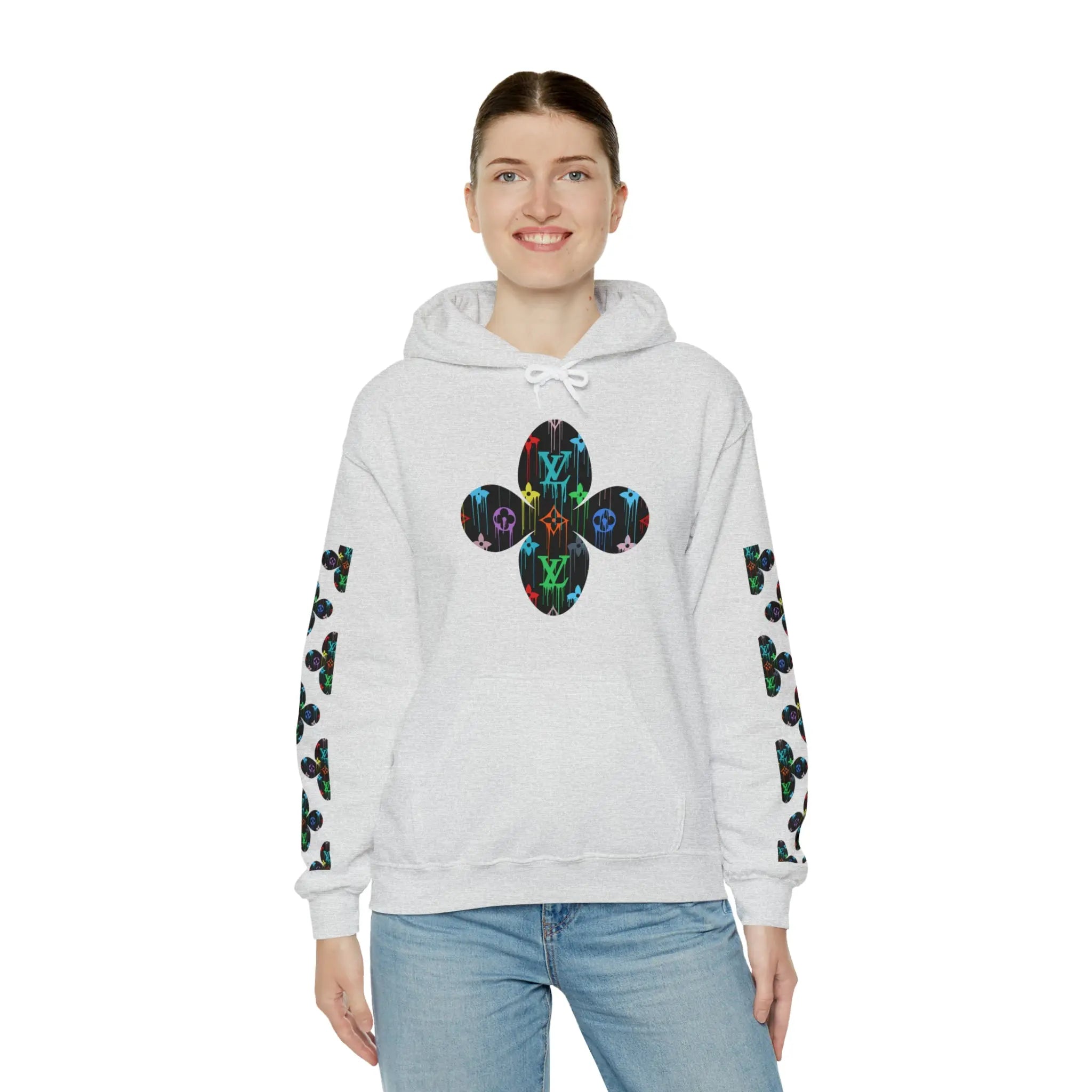  Multi-Colour Dripping Icons Flower with Sleeve Print Unisex Heavy Blend Hooded Sweatshirt Hoodie