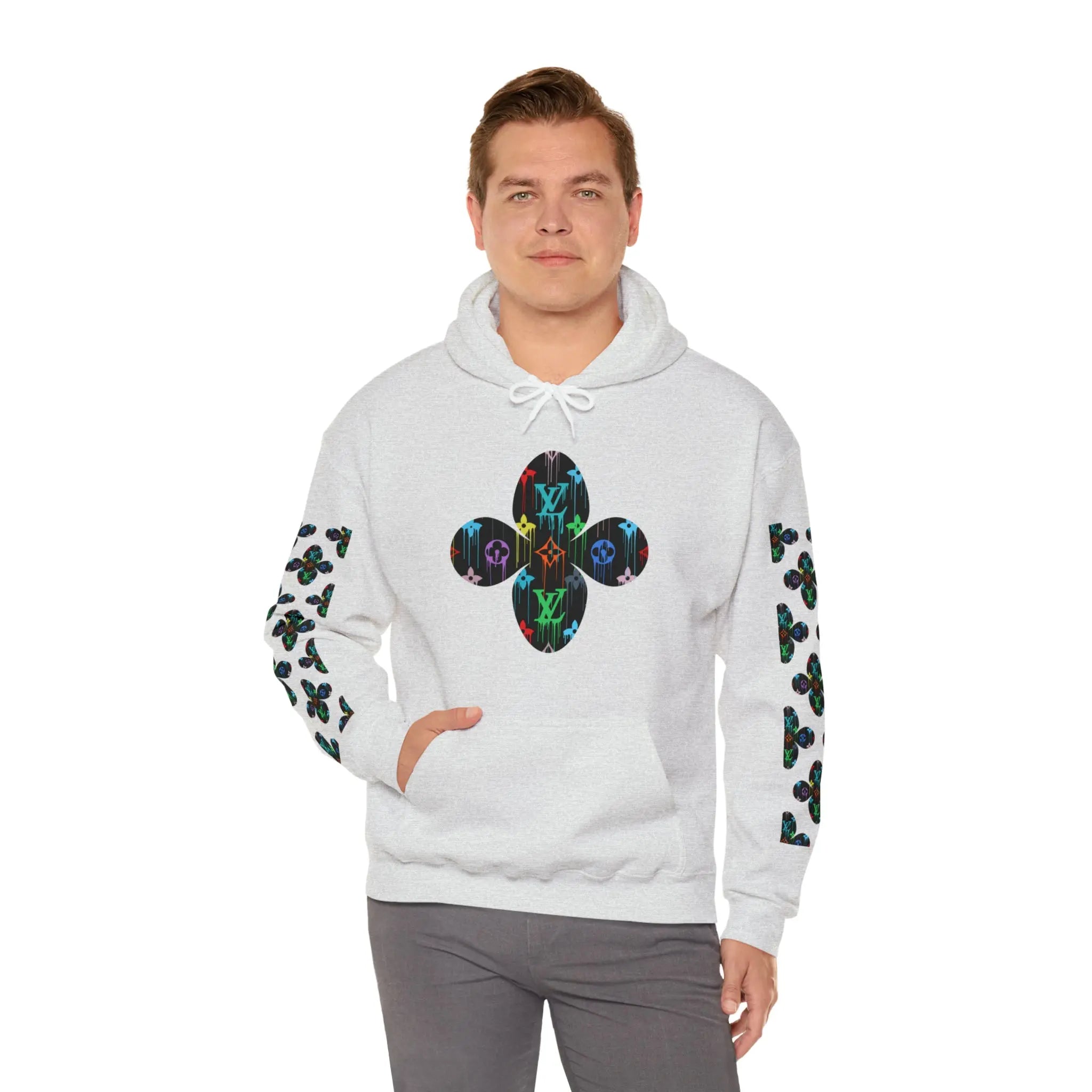  Multi-Colour Dripping Icons Flower with Sleeve Print Unisex Heavy Blend Hooded Sweatshirt Hoodie