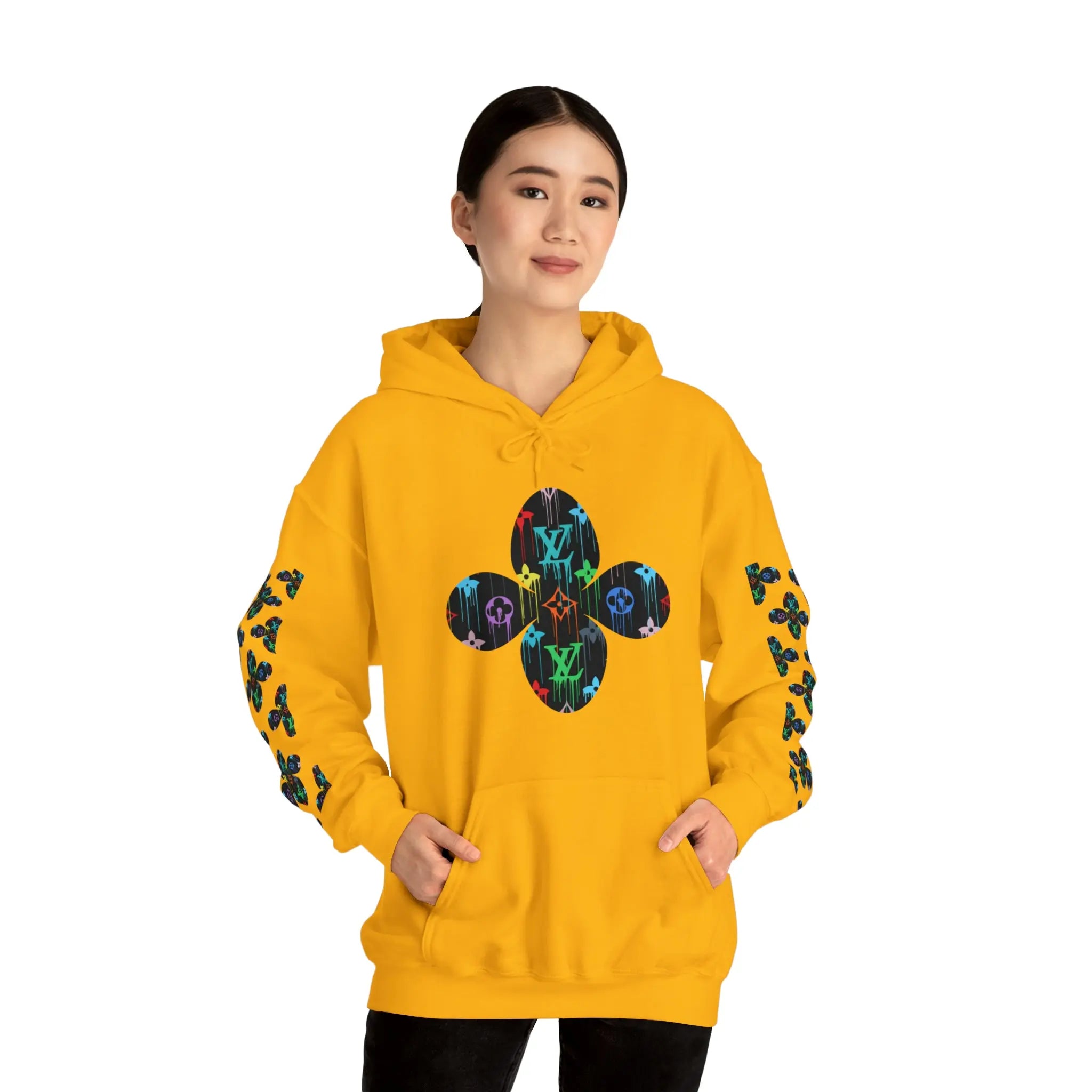  Multi-Colour Dripping Icons Flower with Sleeve Print Unisex Heavy Blend Hooded Sweatshirt Hoodie