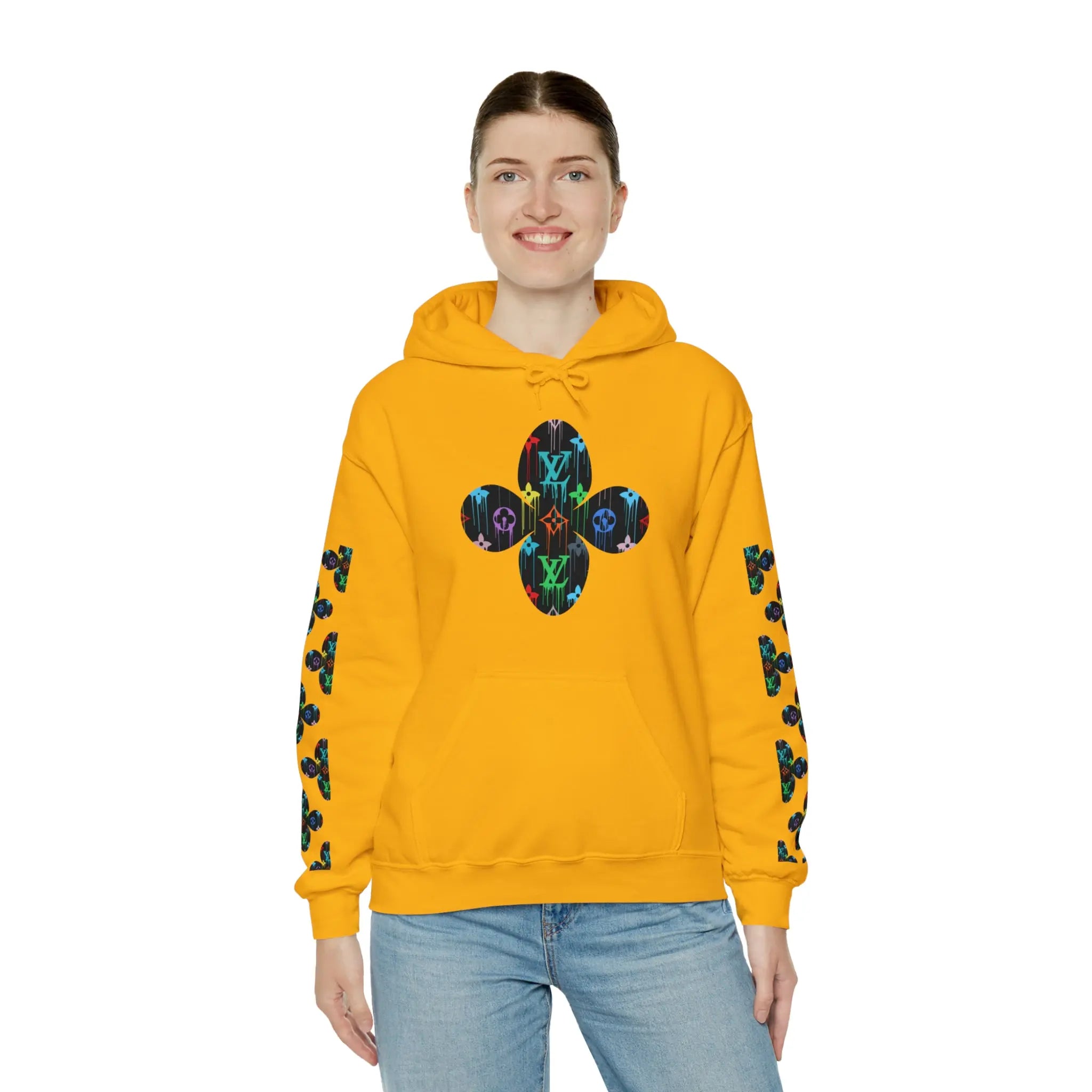  Multi-Colour Dripping Icons Flower with Sleeve Print Unisex Heavy Blend Hooded Sweatshirt Hoodie