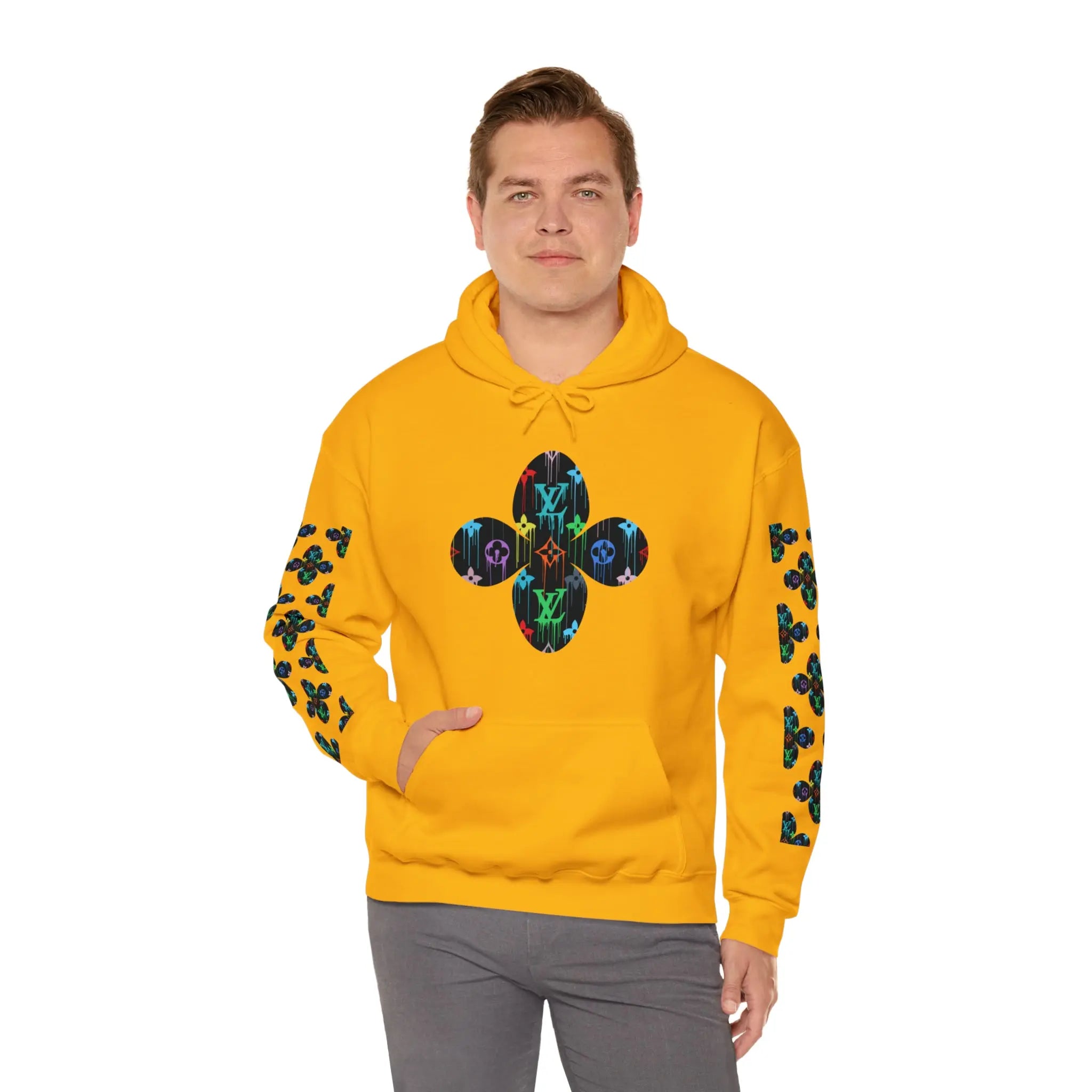  Multi-Colour Dripping Icons Flower with Sleeve Print Unisex Heavy Blend Hooded Sweatshirt Hoodie