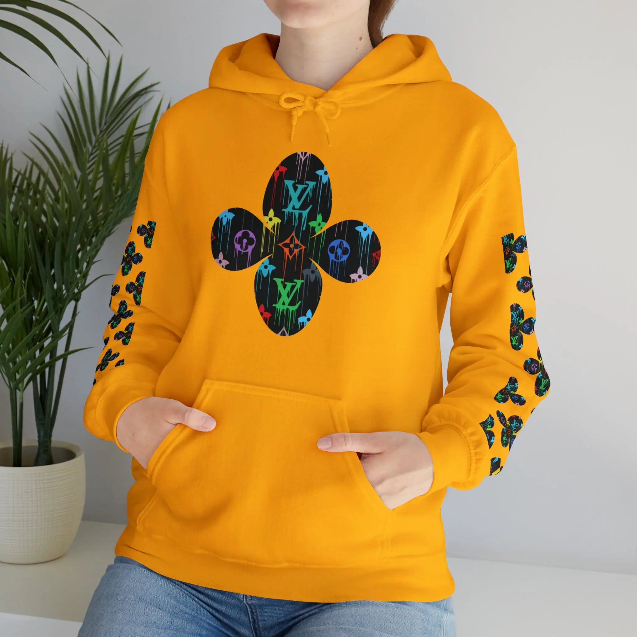  Multi-Colour Dripping Icons Flower with Sleeve Print Unisex Heavy Blend Hooded Sweatshirt Hoodie