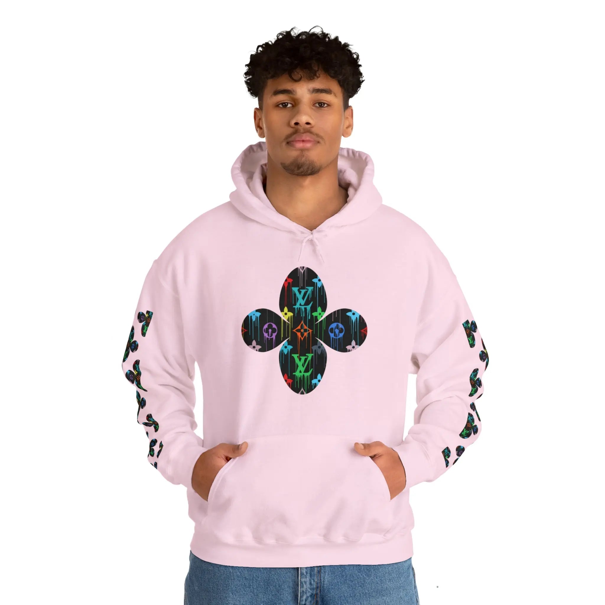  Multi-Colour Dripping Icons Flower with Sleeve Print Unisex Heavy Blend Hooded Sweatshirt Hoodie