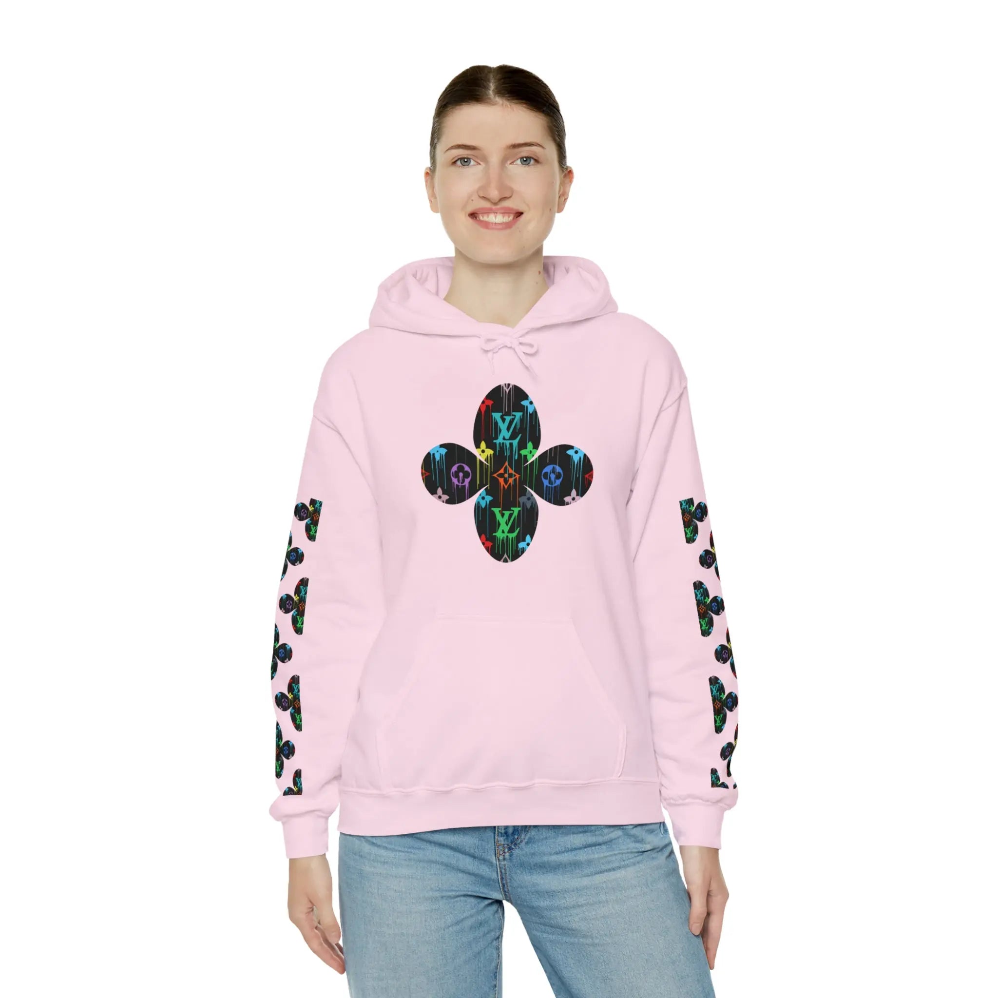  Multi-Colour Dripping Icons Flower with Sleeve Print Unisex Heavy Blend Hooded Sweatshirt Hoodie