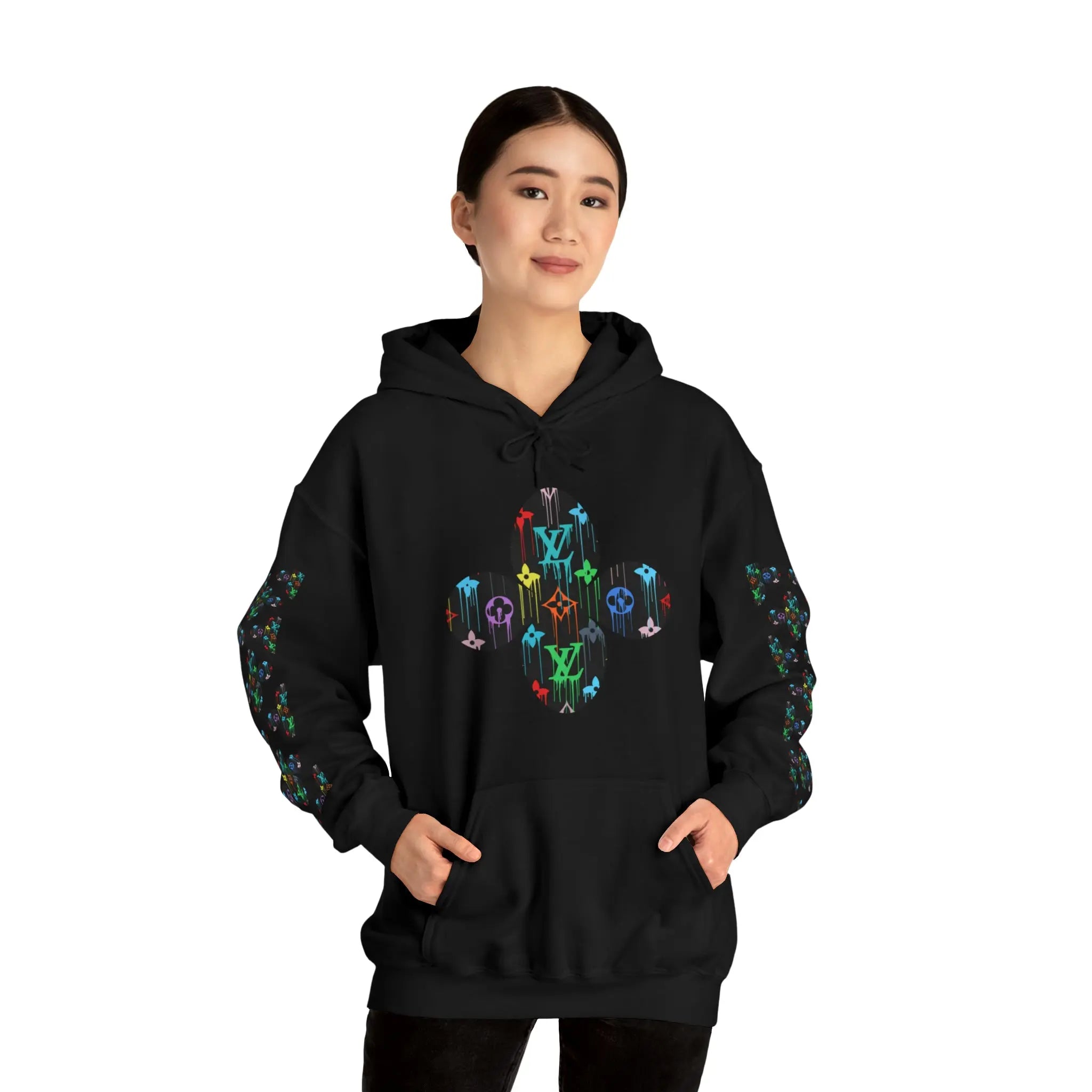  Multi-Colour Dripping Icons Flower with Sleeve Print Unisex Heavy Blend Hooded Sweatshirt Hoodie