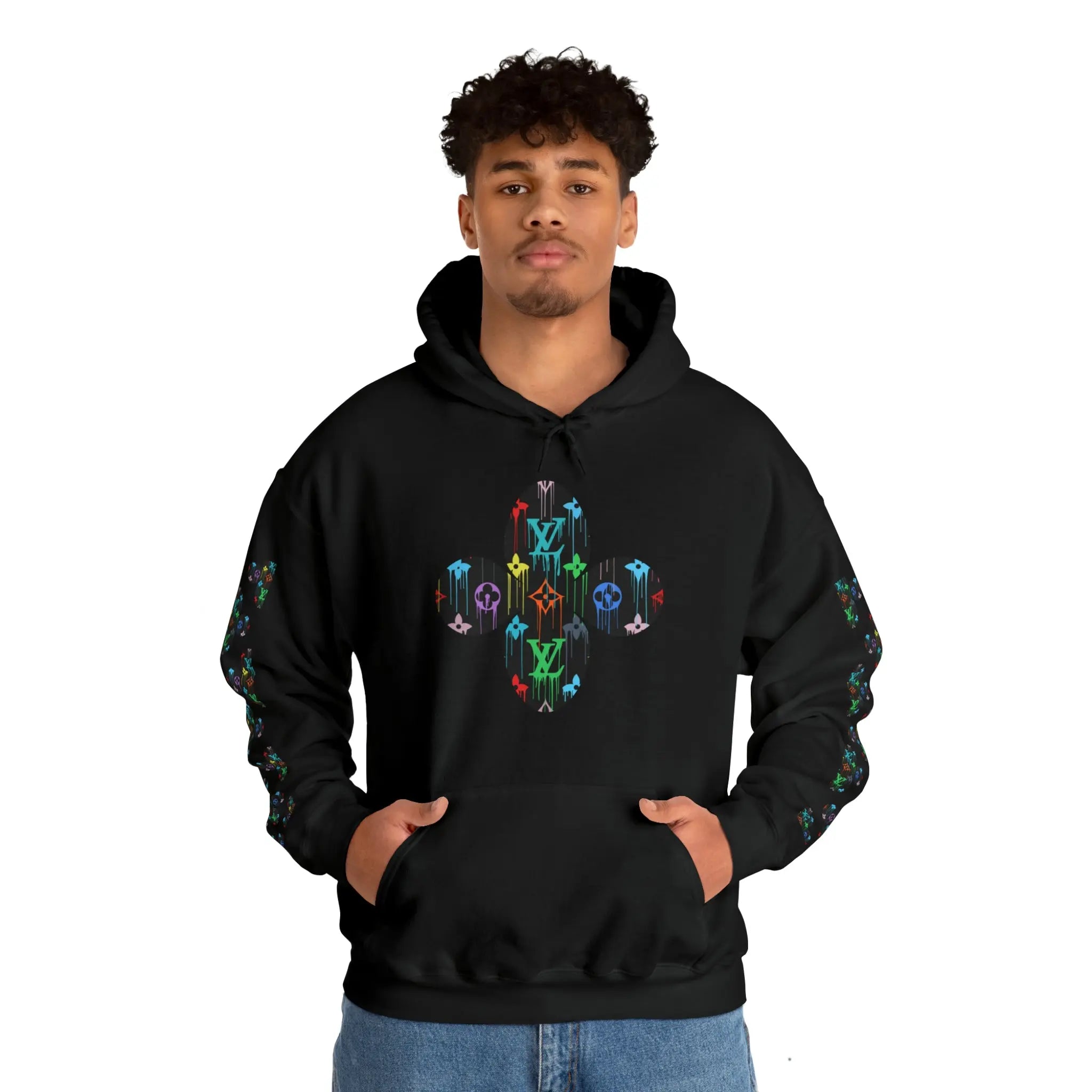  Multi-Colour Dripping Icons Flower with Sleeve Print Unisex Heavy Blend Hooded Sweatshirt Hoodie