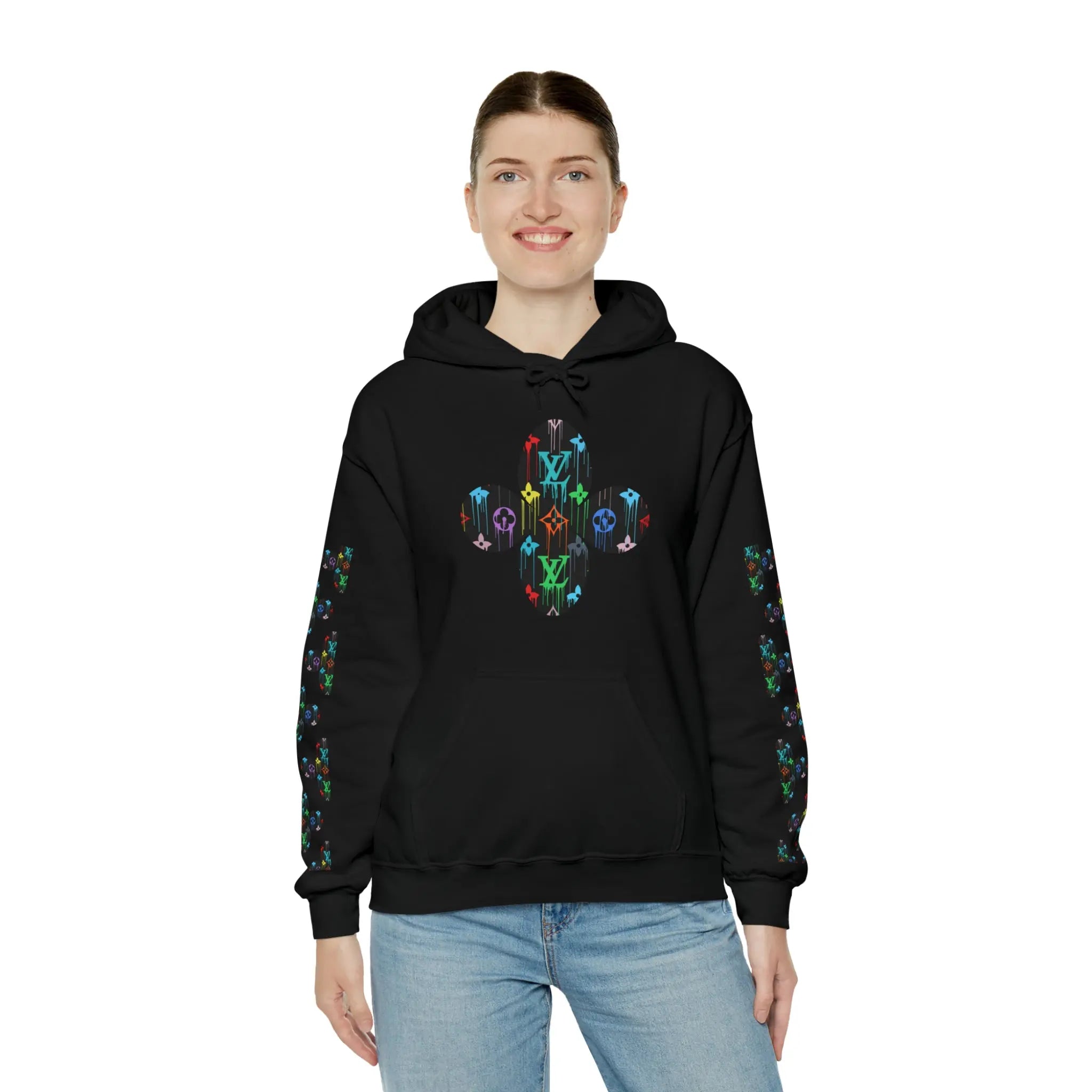  Multi-Colour Dripping Icons Flower with Sleeve Print Unisex Heavy Blend Hooded Sweatshirt Hoodie