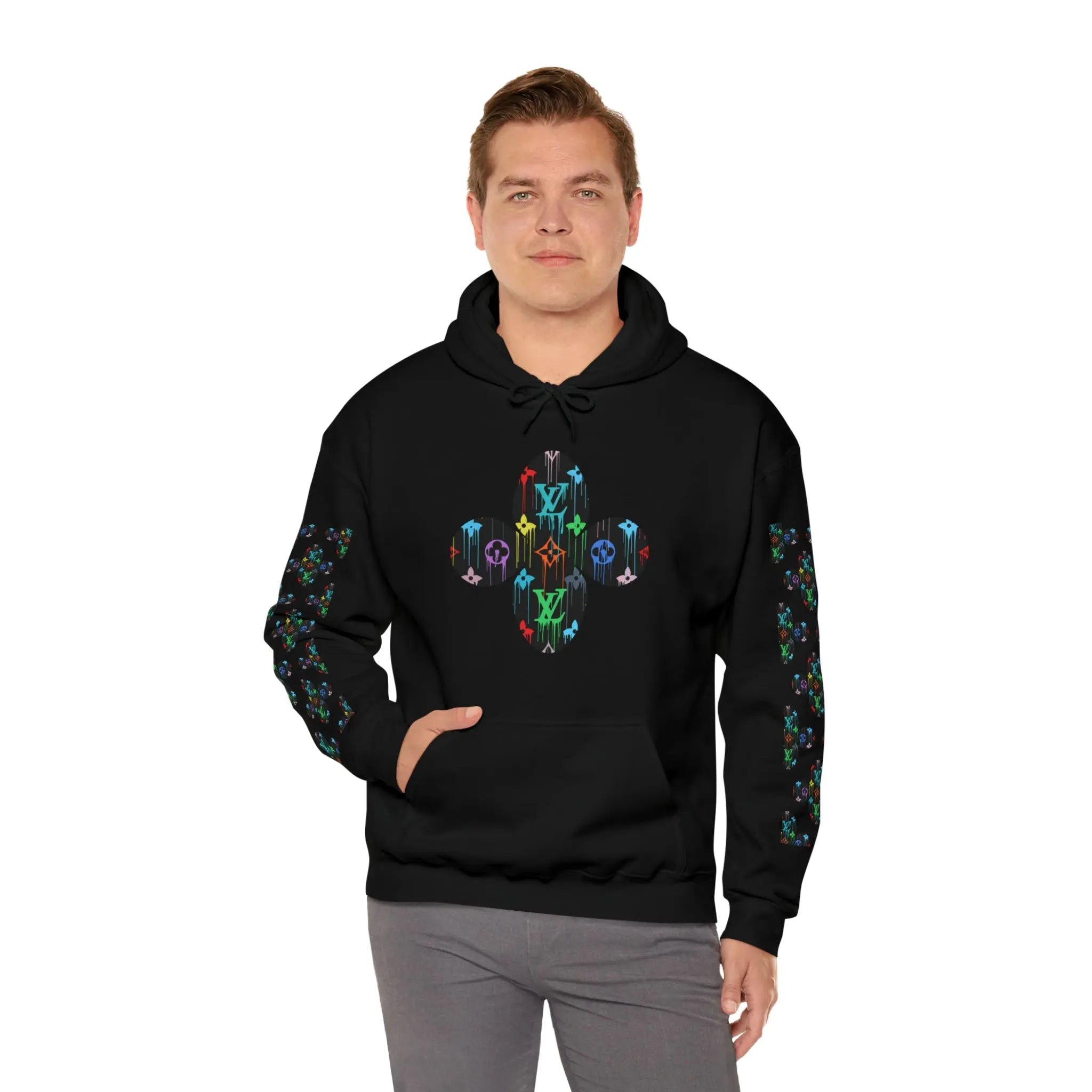  Multi-Colour Dripping Icons Flower with Sleeve Print Unisex Heavy Blend Hooded Sweatshirt Hoodie