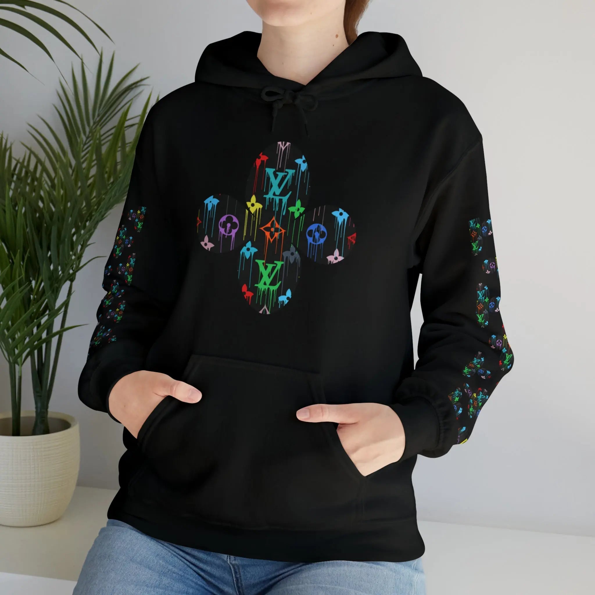  Multi-Colour Dripping Icons Flower with Sleeve Print Unisex Heavy Blend Hooded Sweatshirt Hoodie