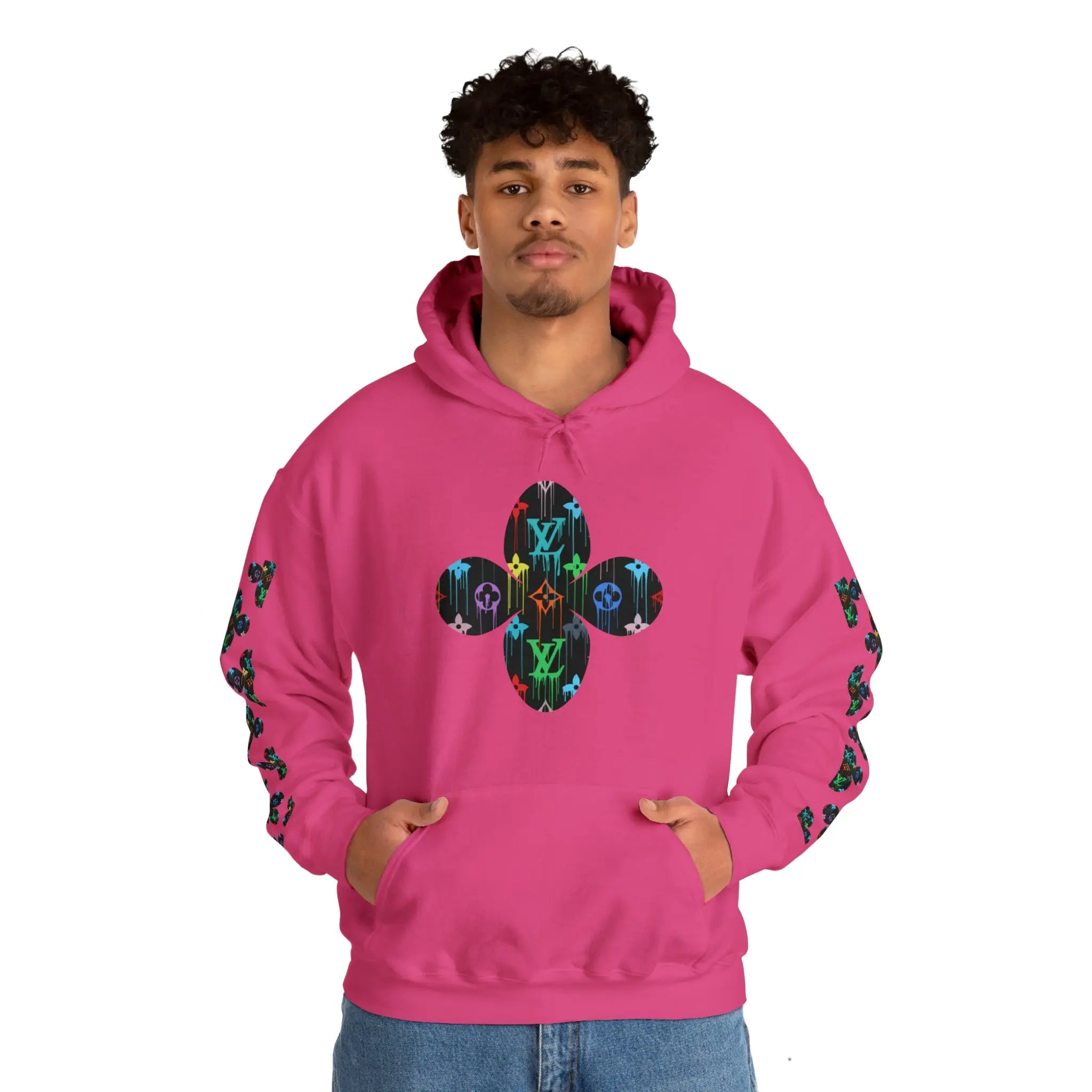  Multi-Colour Dripping Icons Flower with Sleeve Print Unisex Heavy Blend Hooded Sweatshirt Hoodie