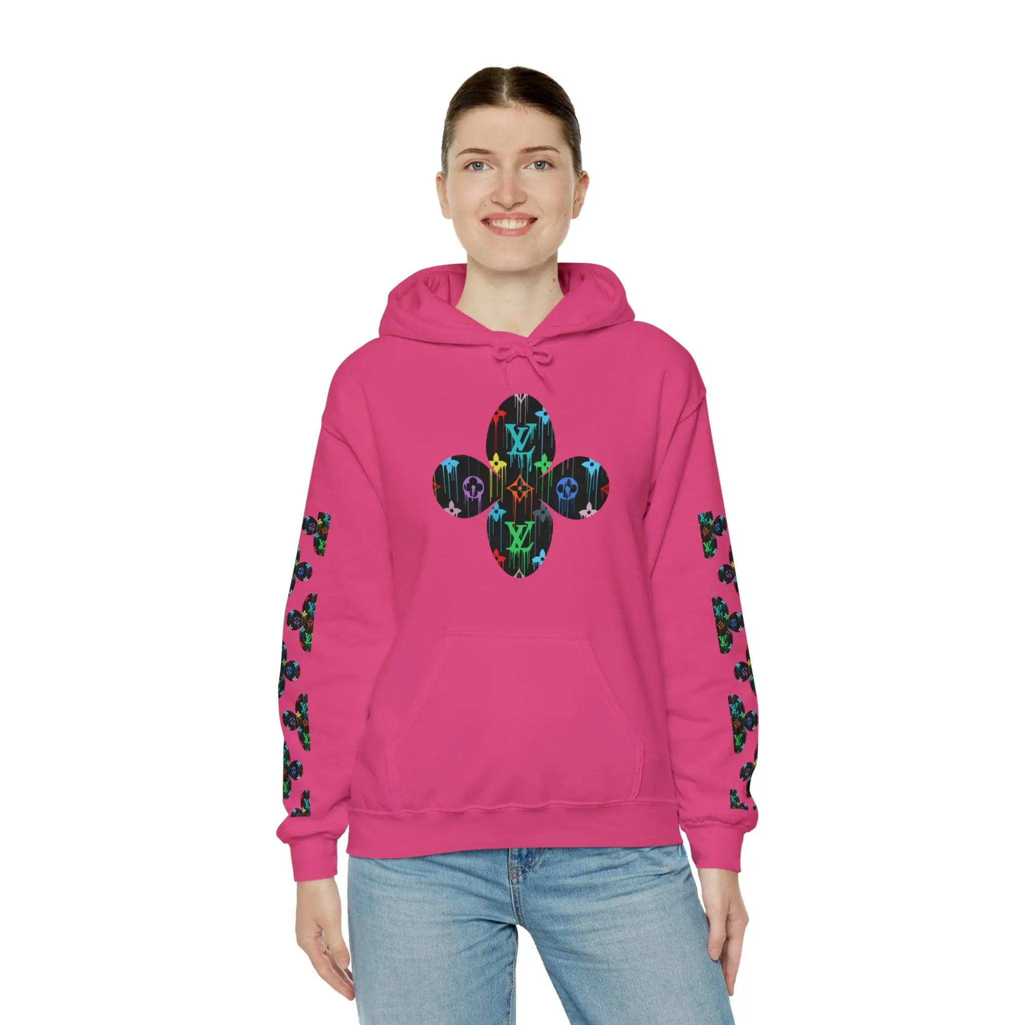  Multi-Colour Dripping Icons Flower with Sleeve Print Unisex Heavy Blend Hooded Sweatshirt Hoodie