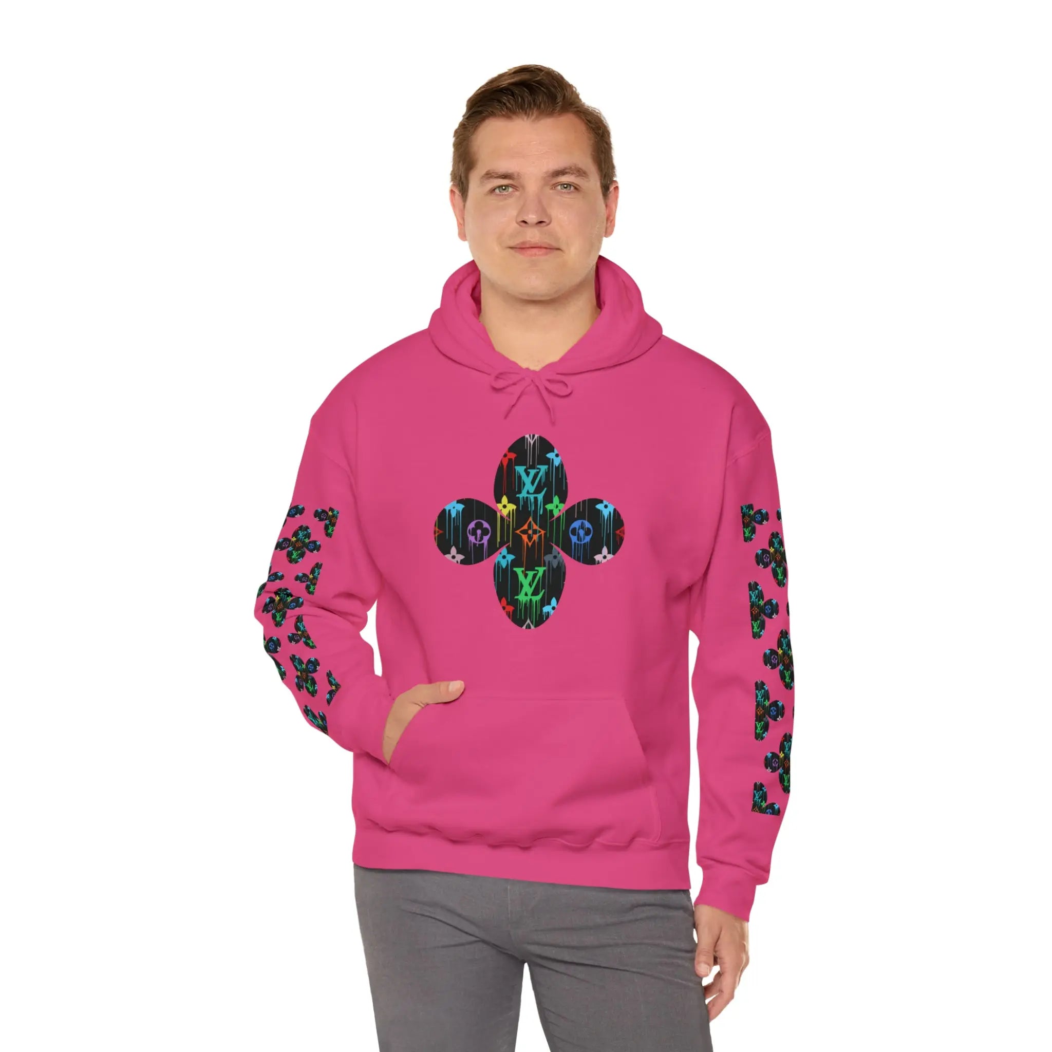  Multi-Colour Dripping Icons Flower with Sleeve Print Unisex Heavy Blend Hooded Sweatshirt Hoodie