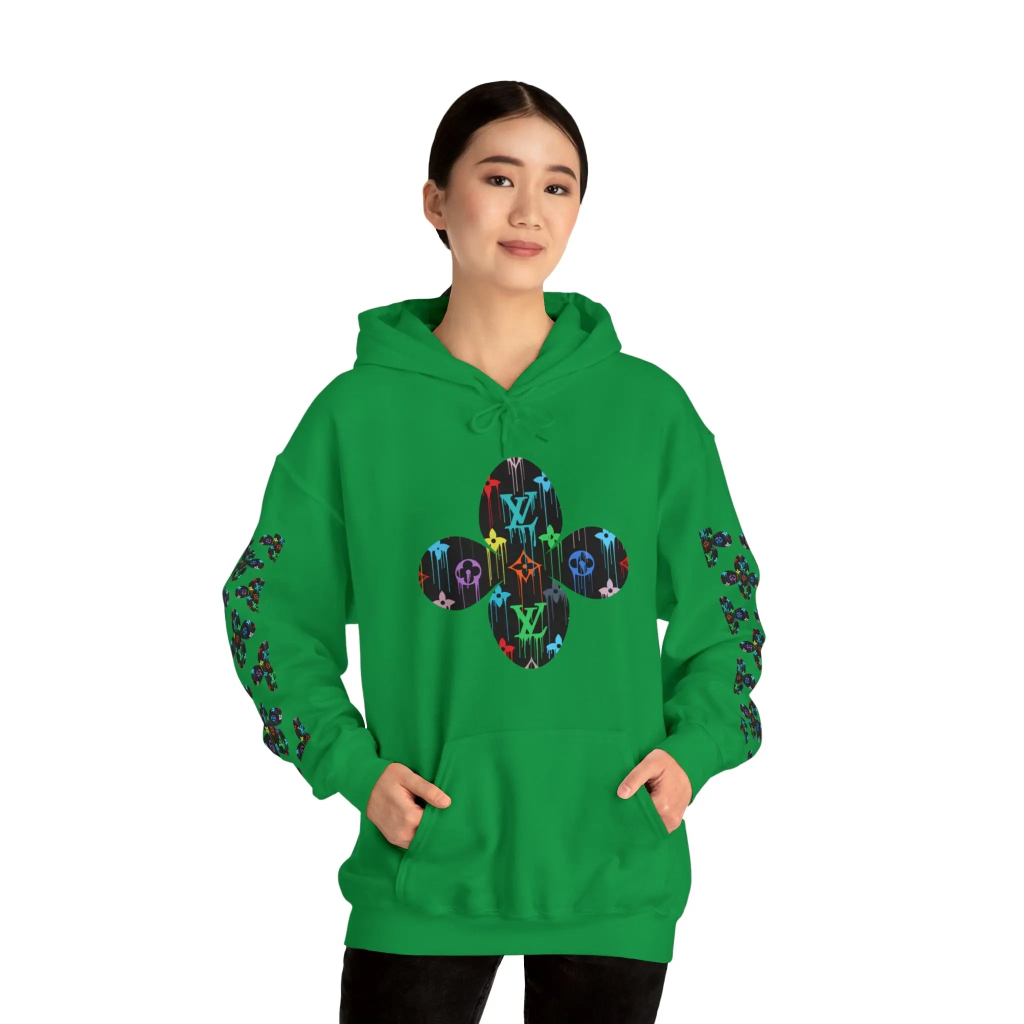  Multi-Colour Dripping Icons Flower with Sleeve Print Unisex Heavy Blend Hooded Sweatshirt Hoodie