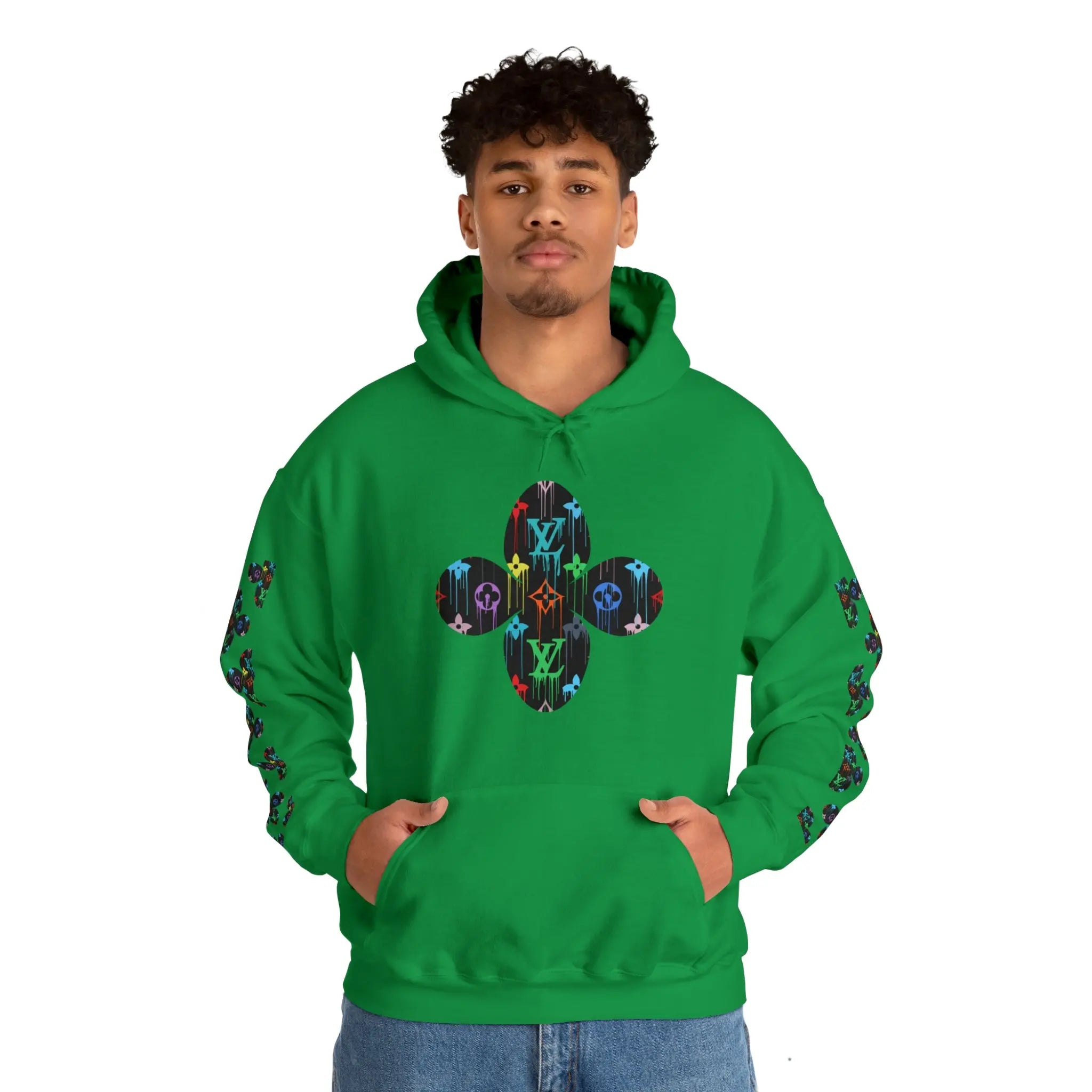  Multi-Colour Dripping Icons Flower with Sleeve Print Unisex Heavy Blend Hooded Sweatshirt Hoodie