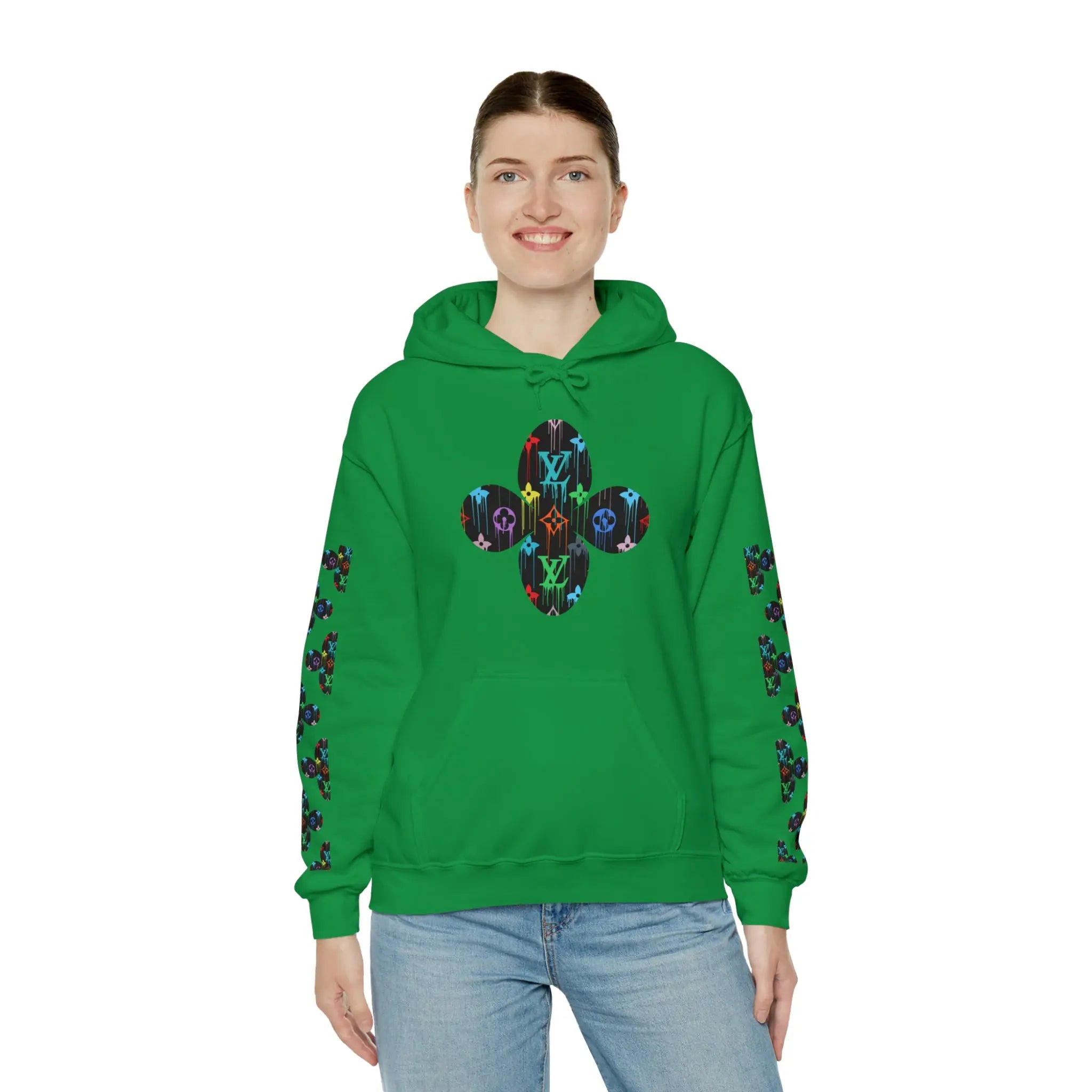  Multi-Colour Dripping Icons Flower with Sleeve Print Unisex Heavy Blend Hooded Sweatshirt Hoodie